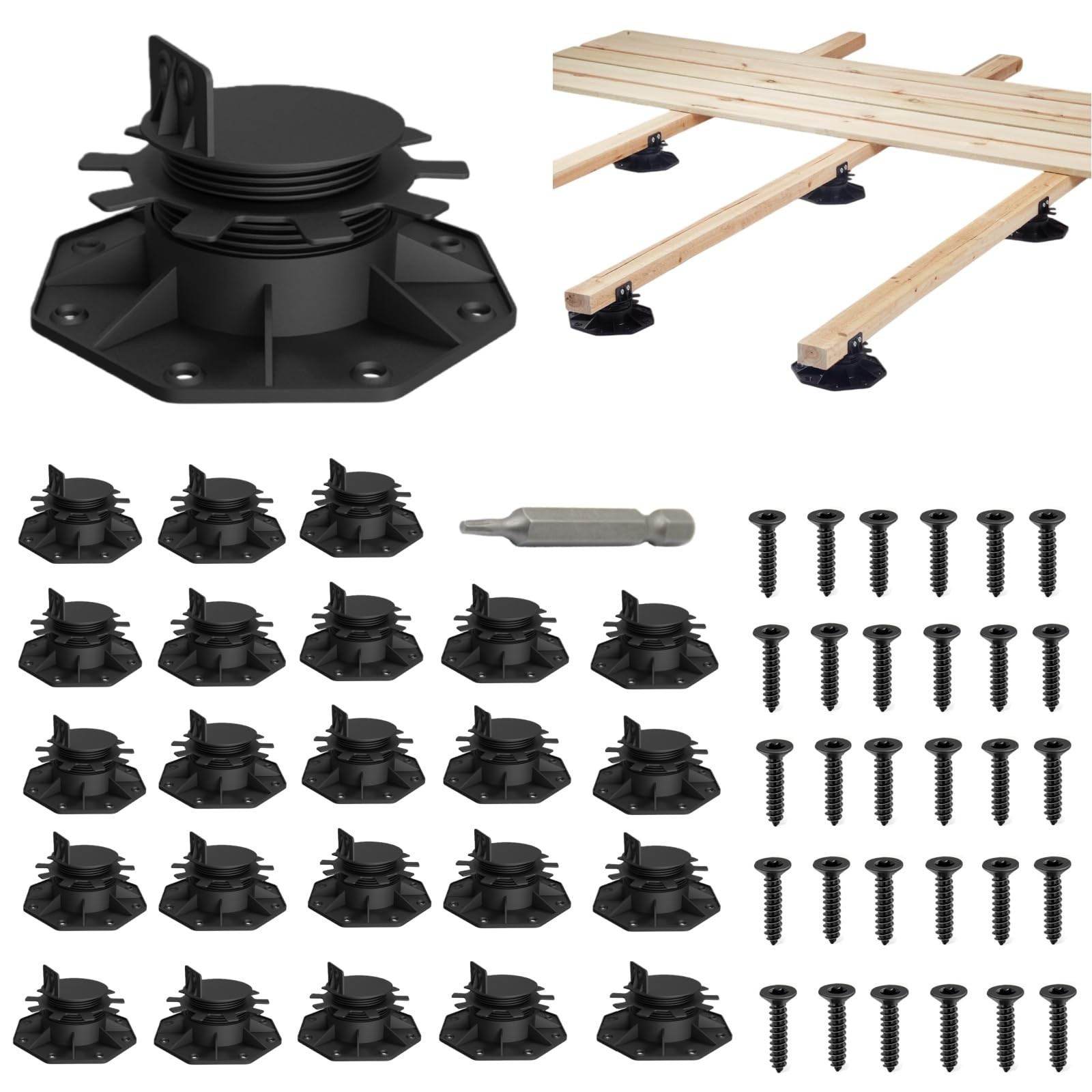 24-Pack Adjustable Deck Support Bases - Heavy-Duty Waterproof 24 PACK, Black