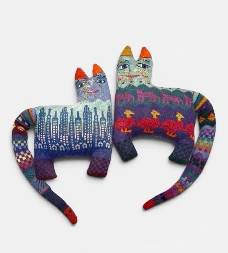 Pair Vintage 1986 Handloomed Wool Folk Art Cat Pillows Soft Sculptures Signed