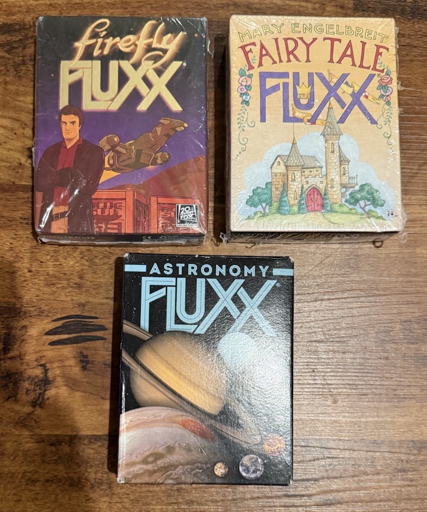 Fluxx Card Game Lot Of 3 - FIREFLY - FAIRY TALE - ASTRONOMY NEW & Pre-owned