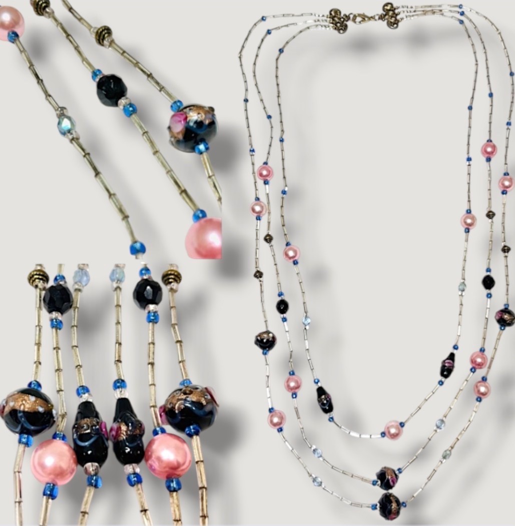 Vintage 3-Strand Wedding Cake Beaded Necklace With Bugle Beads & Pink Pearls