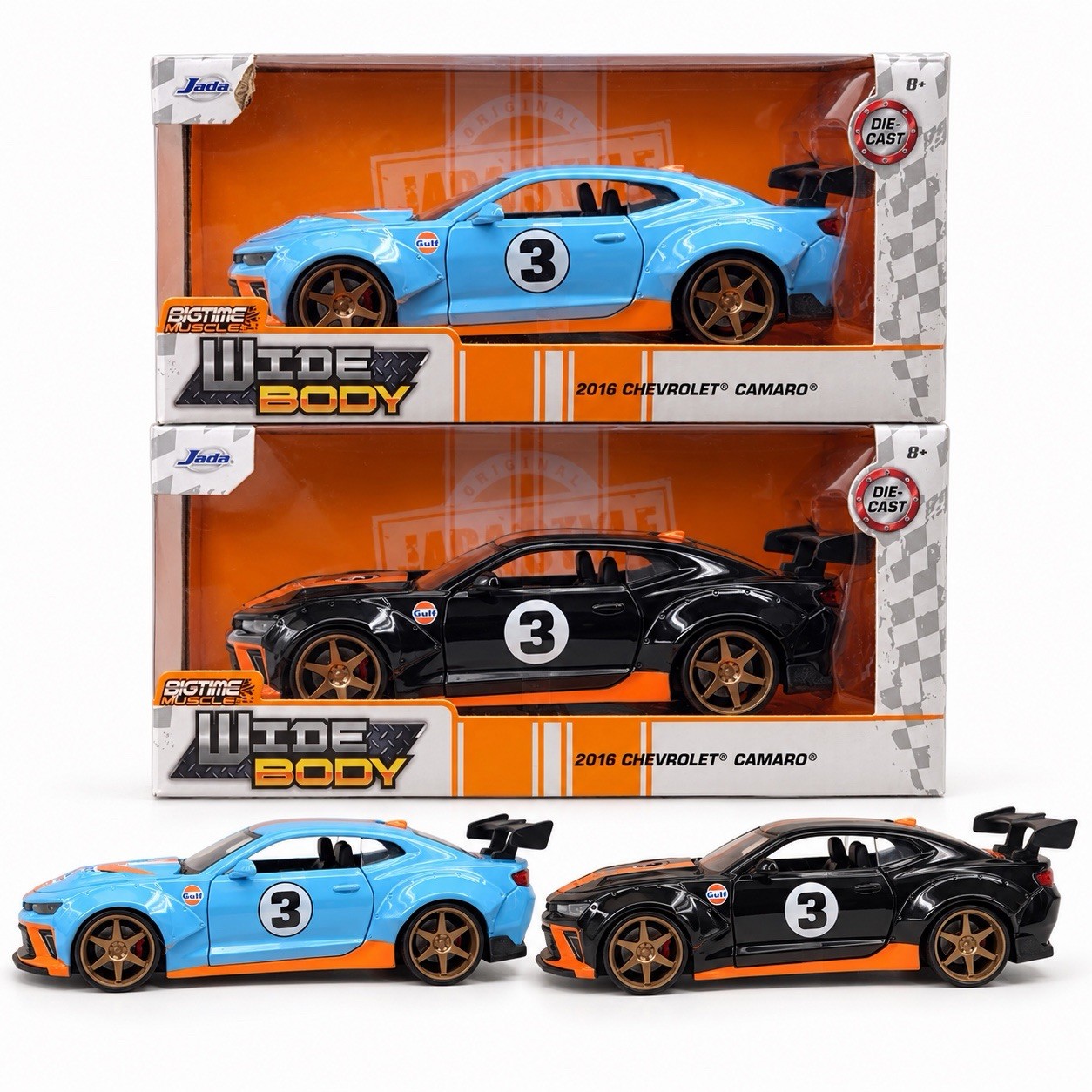 Jada Bigtime Muscle 2016 Chevy Camaro Gulf Wide Body Diecast Lot of 2 Boxed