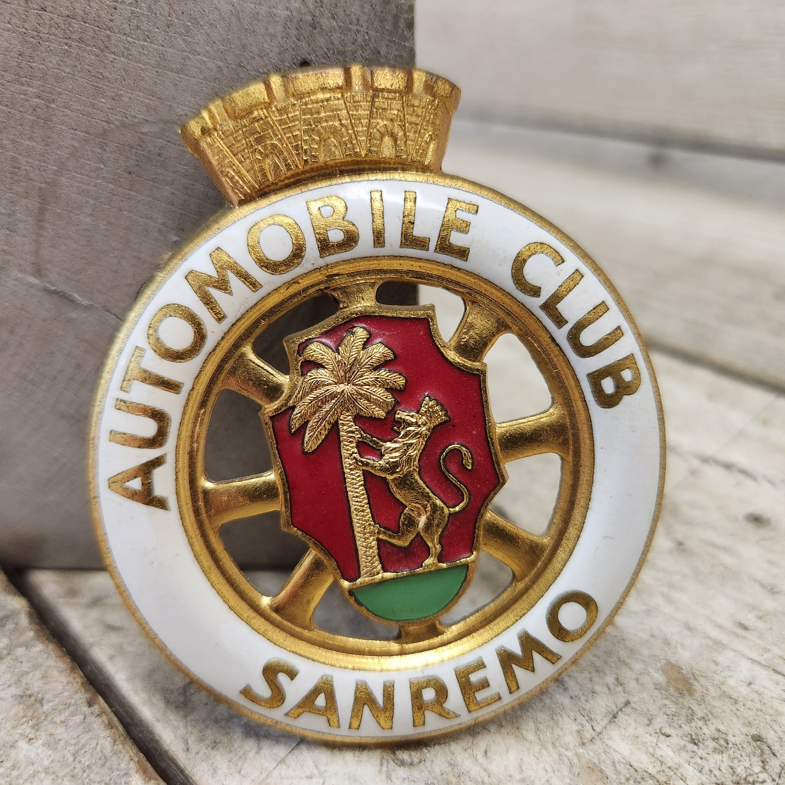 Vintage Automobile Club Sanremo Italy ACI Enamel Auto Grille Badge Plaque