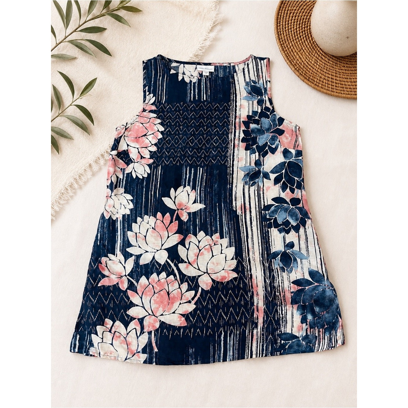 Pure Jill Navy Pink Floral 100% Linen Sleeveless Tunic Top Size S