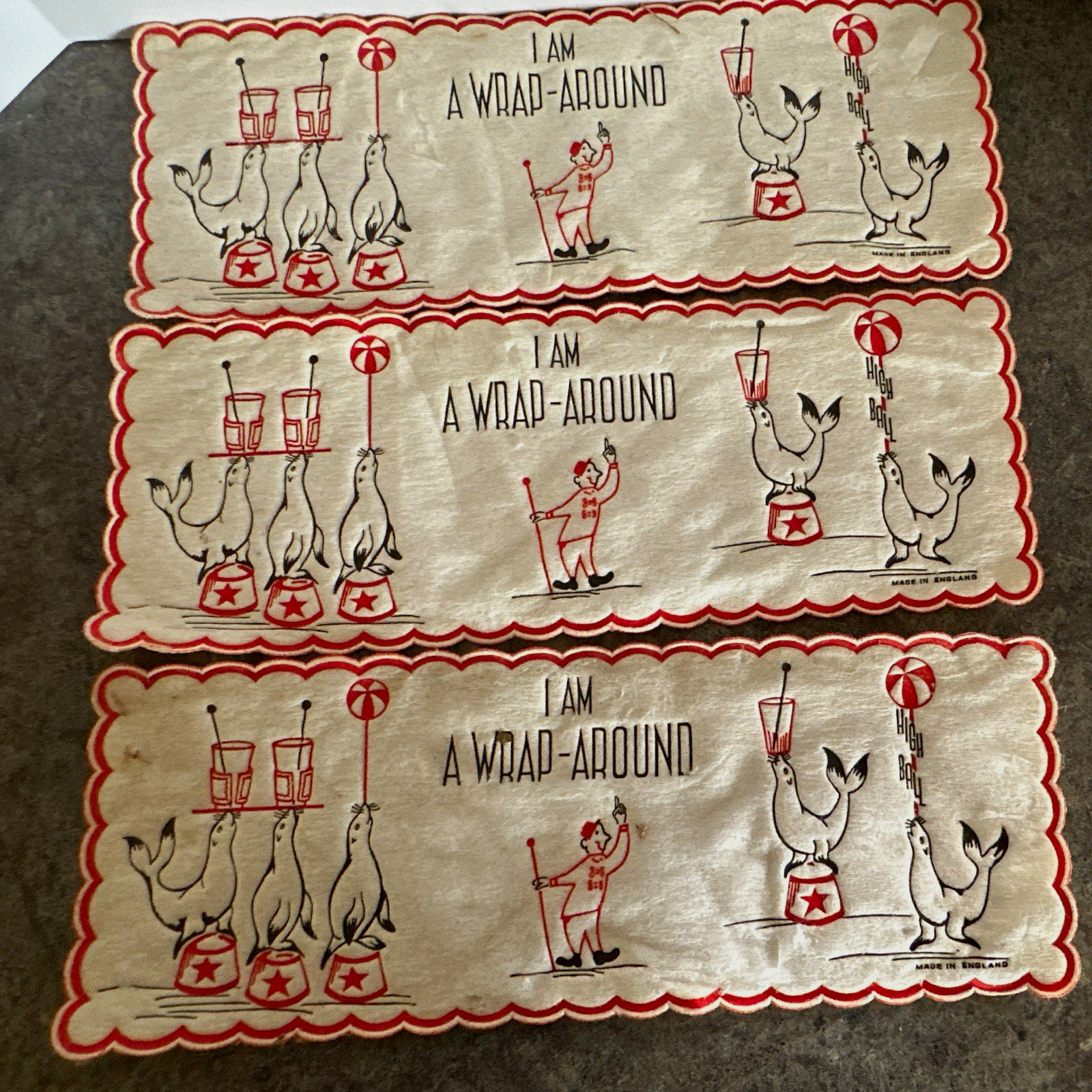 3 Vintage Circus Seal Wrap-Around Paper Napkins Red/White for bar cloths England 3 Vintage Circus Seal Wrap-Around Paper Napkins Red/White for bar cloths England