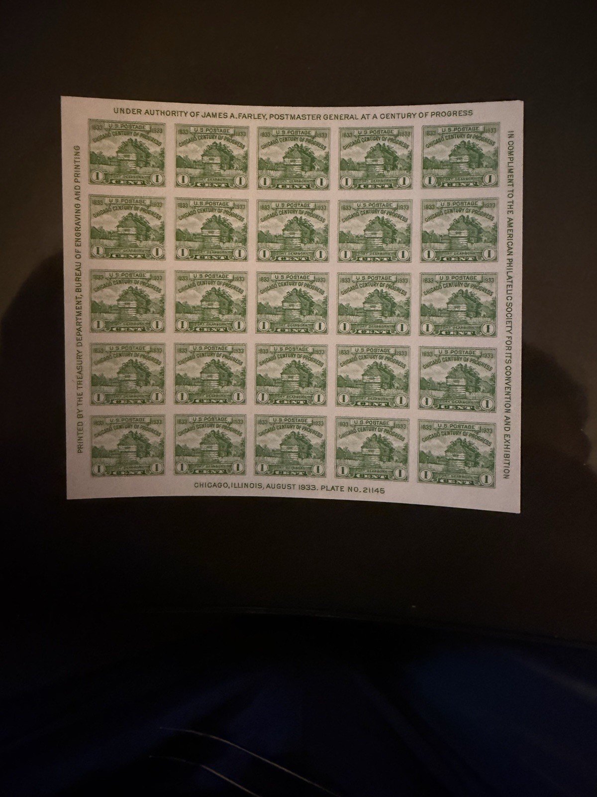 1933 United States 1 Cent Century of Progress Souvenir Sheet 20 MNH Unused