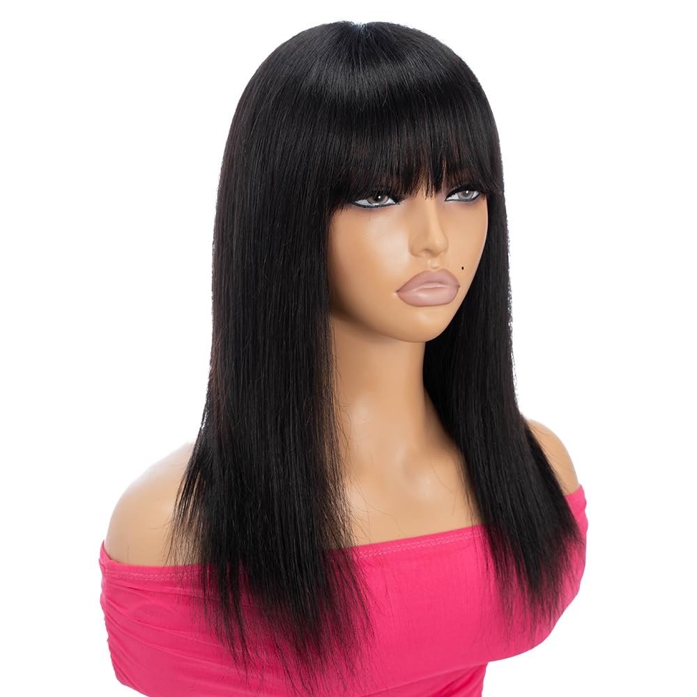 Human Hair Straight Wig with Bangs, Glueless Brazilian Remy, 18‘’ 2.75x1 Lace Sc