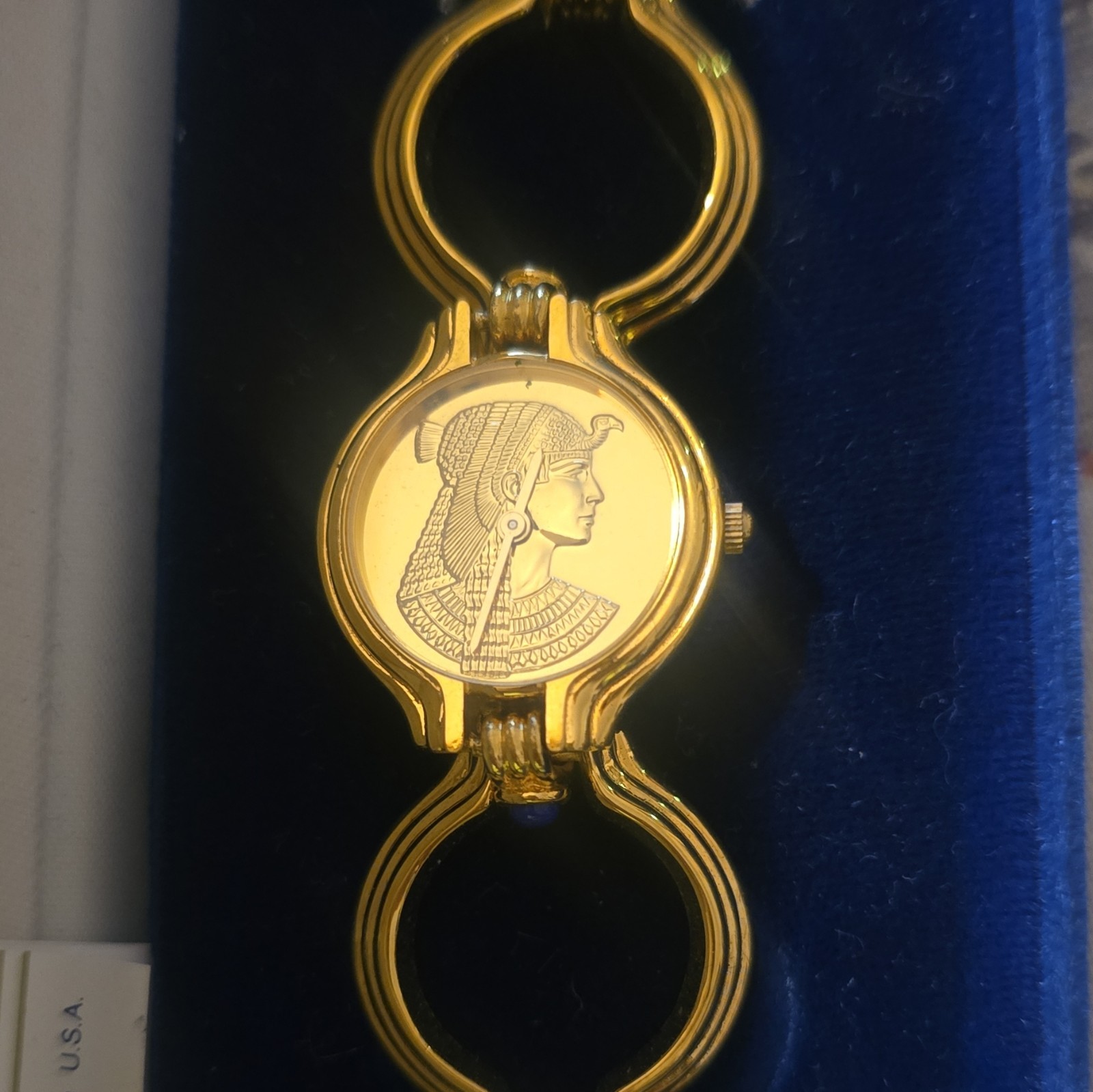 RARE VTG FRANKLIN MINT CLEOPATRA BRACELET WATCH 22K YELLOW GOLD PLATED W/BOX