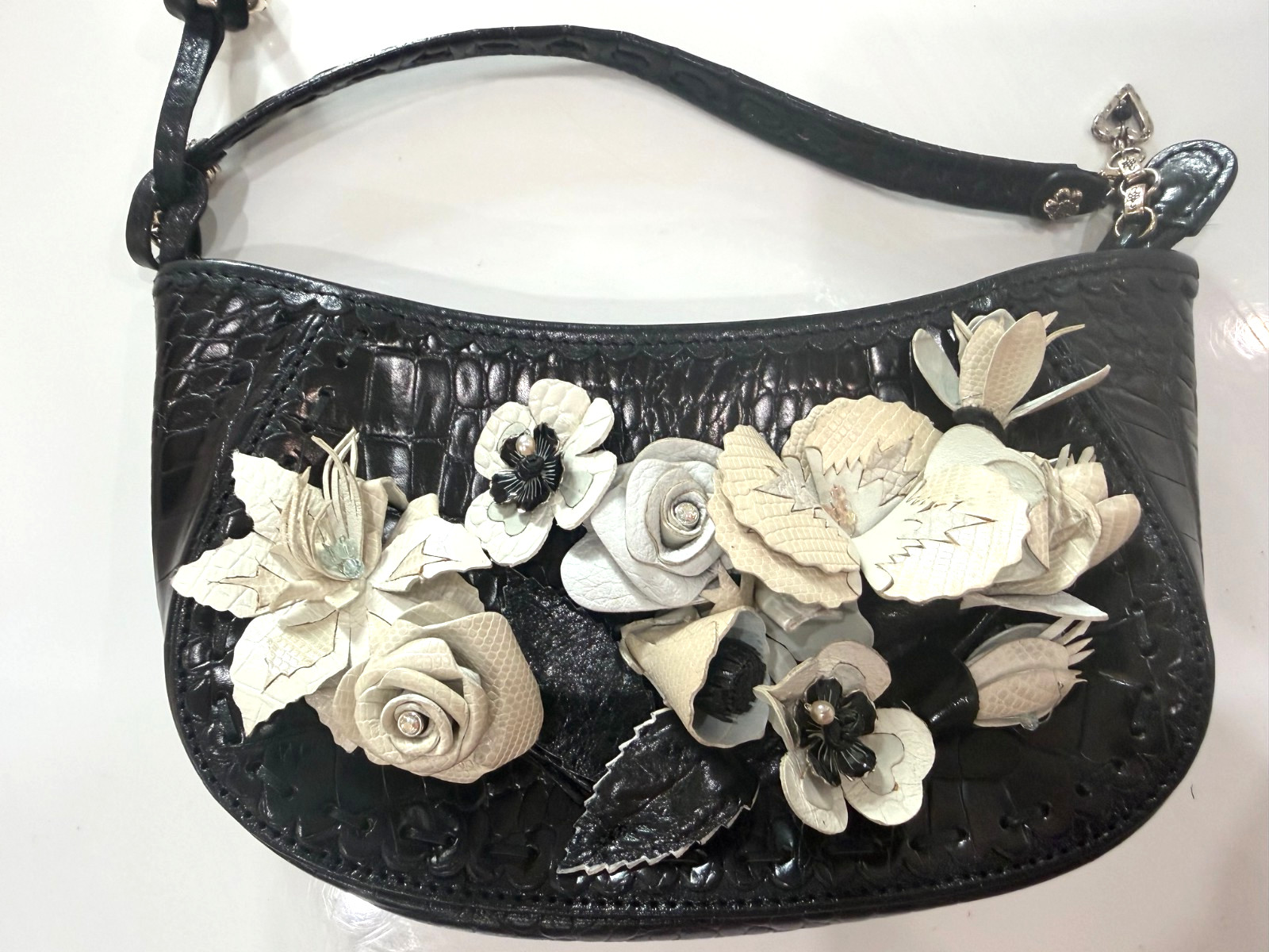 Brighton Calista Black Croc embossed leather 3D Flowers Mini Bag Evening retired