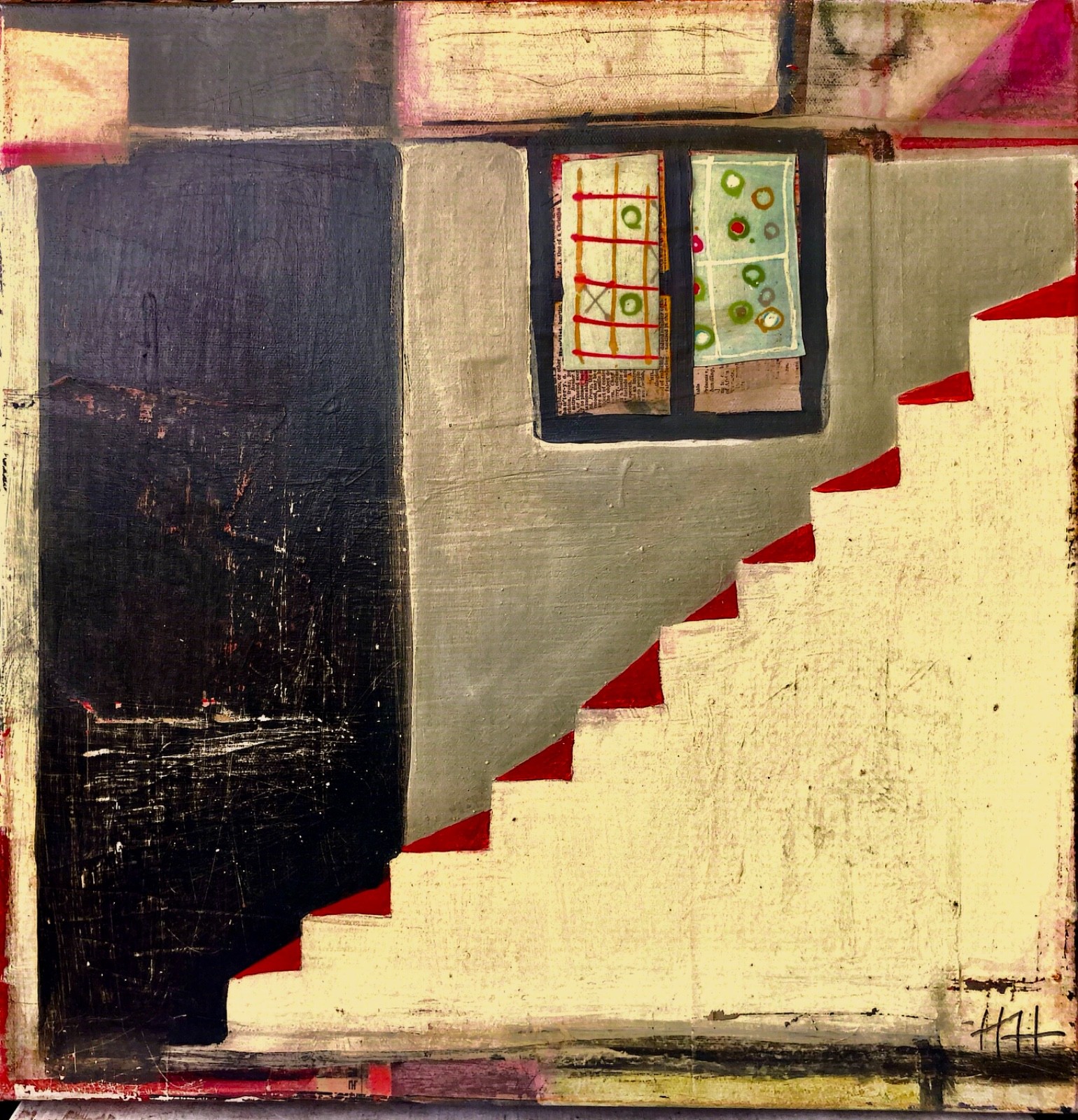 Hammond Original 16x16 Abstract Staircase Window Interior Painting Signed Canvas