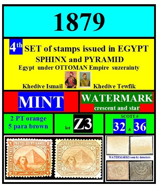 EGYPT-stamps-1879-Z3-MINT WATERMARK-2pt+5p-sphinx pyramid-4th set Eg-scott#32+36