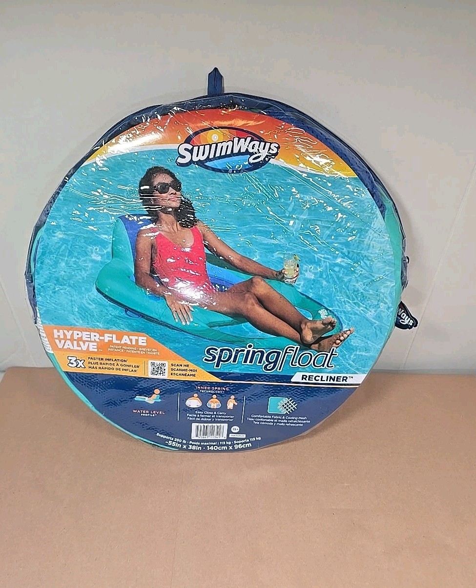 SwimWays Spring Float Recliner Pool Lounge Chair Hyper-Flate Valve Aqua 55”x38” SwimWays Spring Float Recliner Pool Lounge Chair Hyper-Flate Valve Aqua 55”x38”