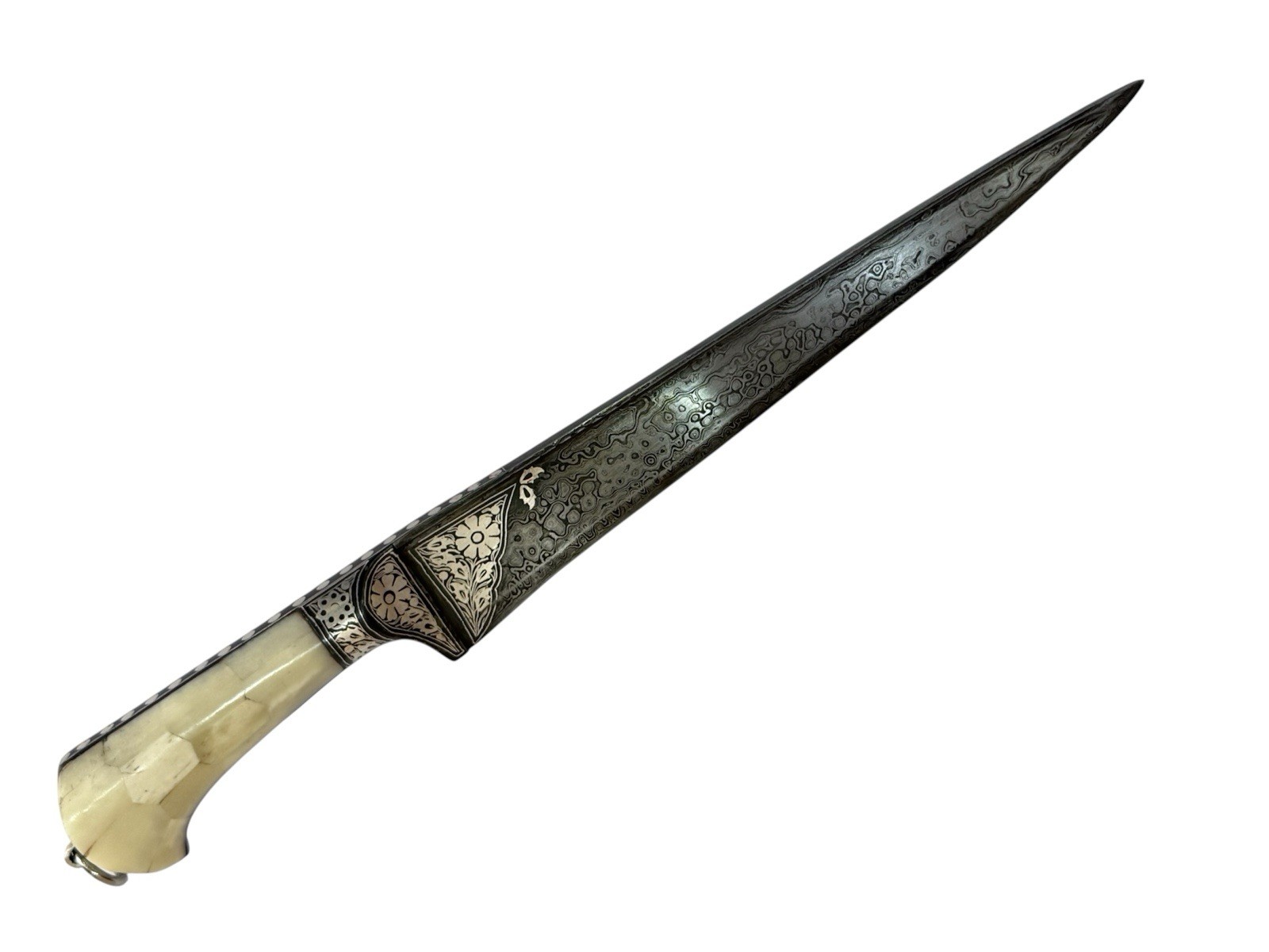 Ottoman Mughal Damascus Pesh Kabz Kripan with bone grips & silver koftgari 15”