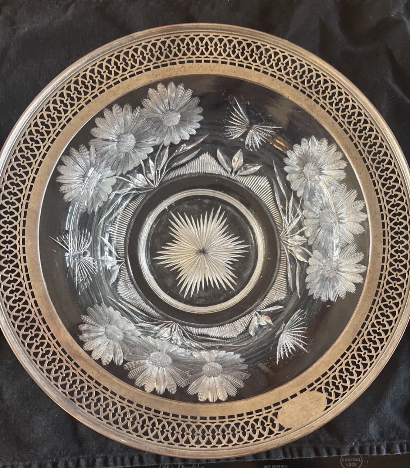 Antique Bowl Sterling Silver Rim Cut Glass Crystal Reticulated Pierced Floral Antique Bowl Sterling Silver Rim Cut Glass Crystal Reticulated Pierced Floral