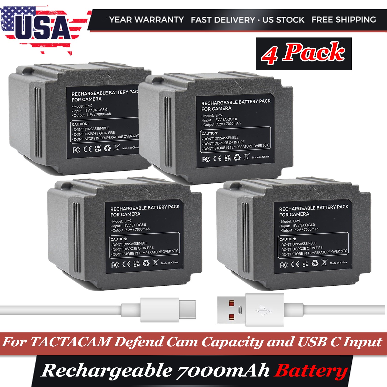 4-Pack Defend Rechargeable Lithium Battery For TACTACAM Cellular Security Camera