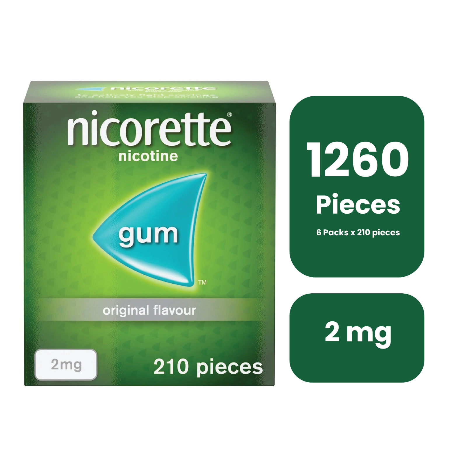 Nicorette Original Flavour 2mg, Gum 6 x 210 Pieces (1260Pieces) - PACK OF 6 Nicorette Original Flavour 2mg, Gum 6 x 210 Pieces (1260Pieces) - PACK OF 6