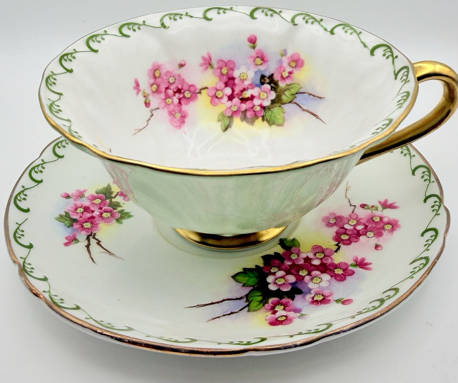 Vintage Shelley England Cherry Blossoms Floral Cup & Saucer Oleander Teacup READ