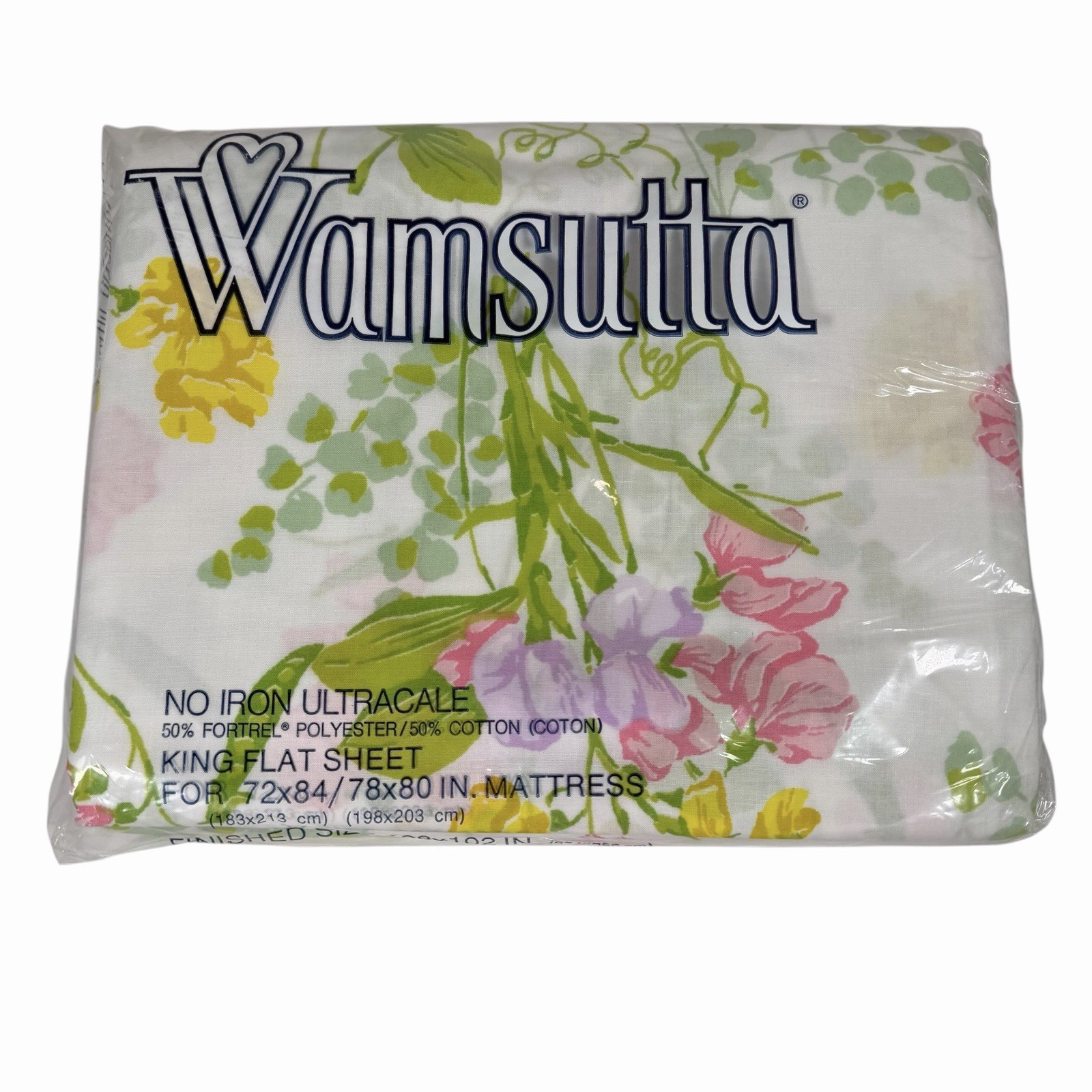 New Vintage Wamsutta White Floral Sweet Pea No Iron Ultracale King Flat Sheet