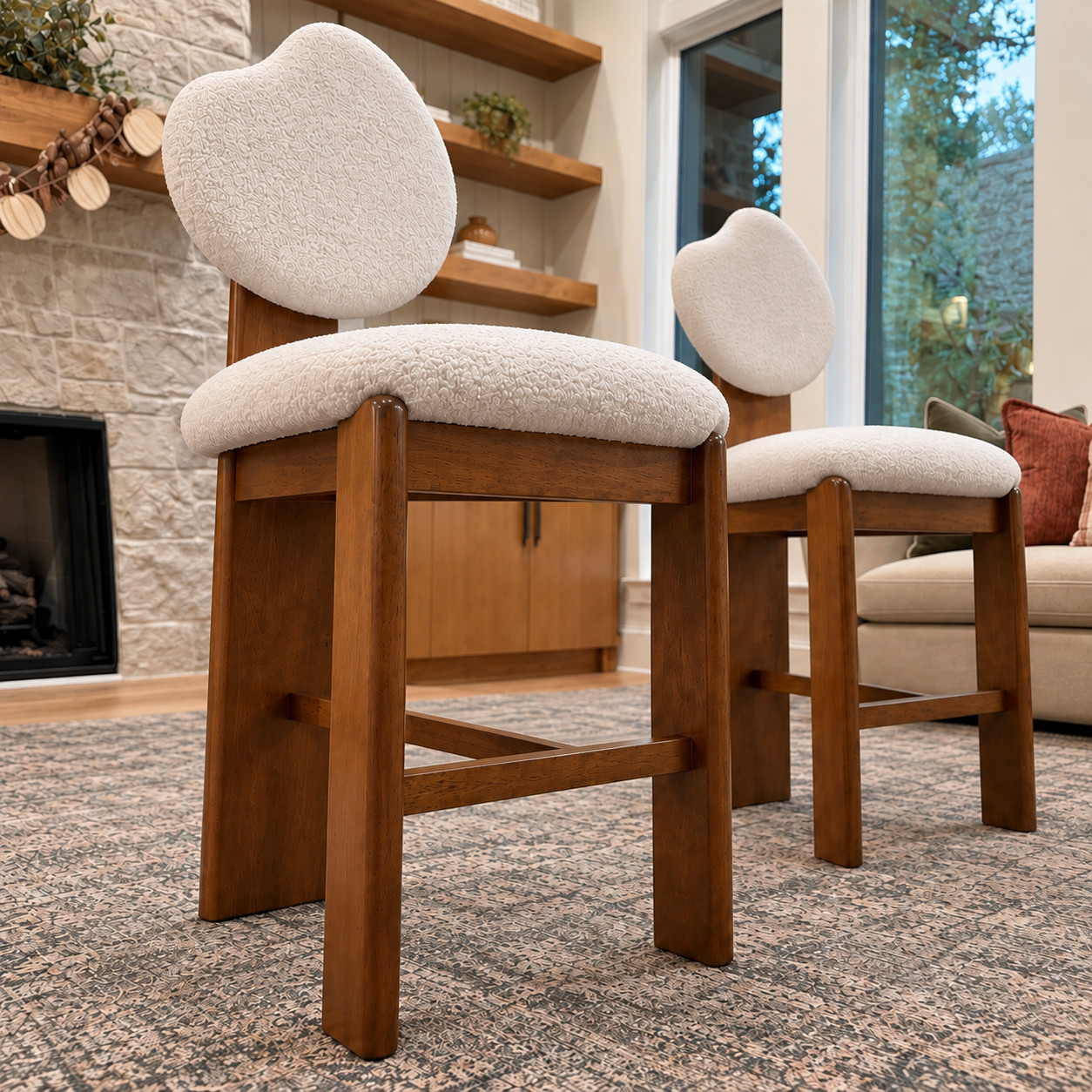 Set of 2 Mid Century Modern Boucle Counter Height Bar Stools White Walnut Finish Set of 2 Mid Century Modern Boucle Counter Height Bar Stools White Walnut Finish