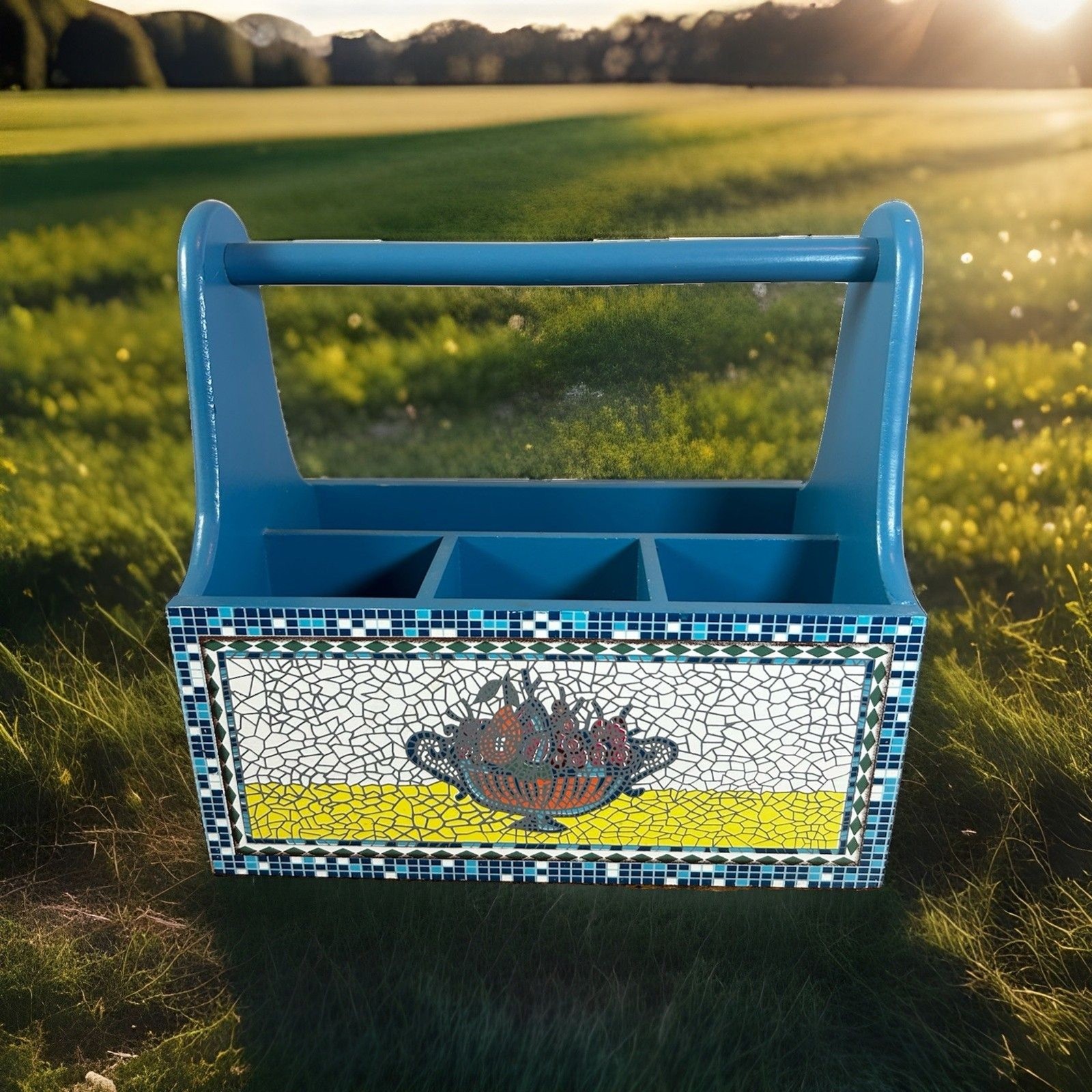 Vintage 2006 Design Styles Blue Utensil Carrier Caddy Holder Fruit Mosaic 4 Slot