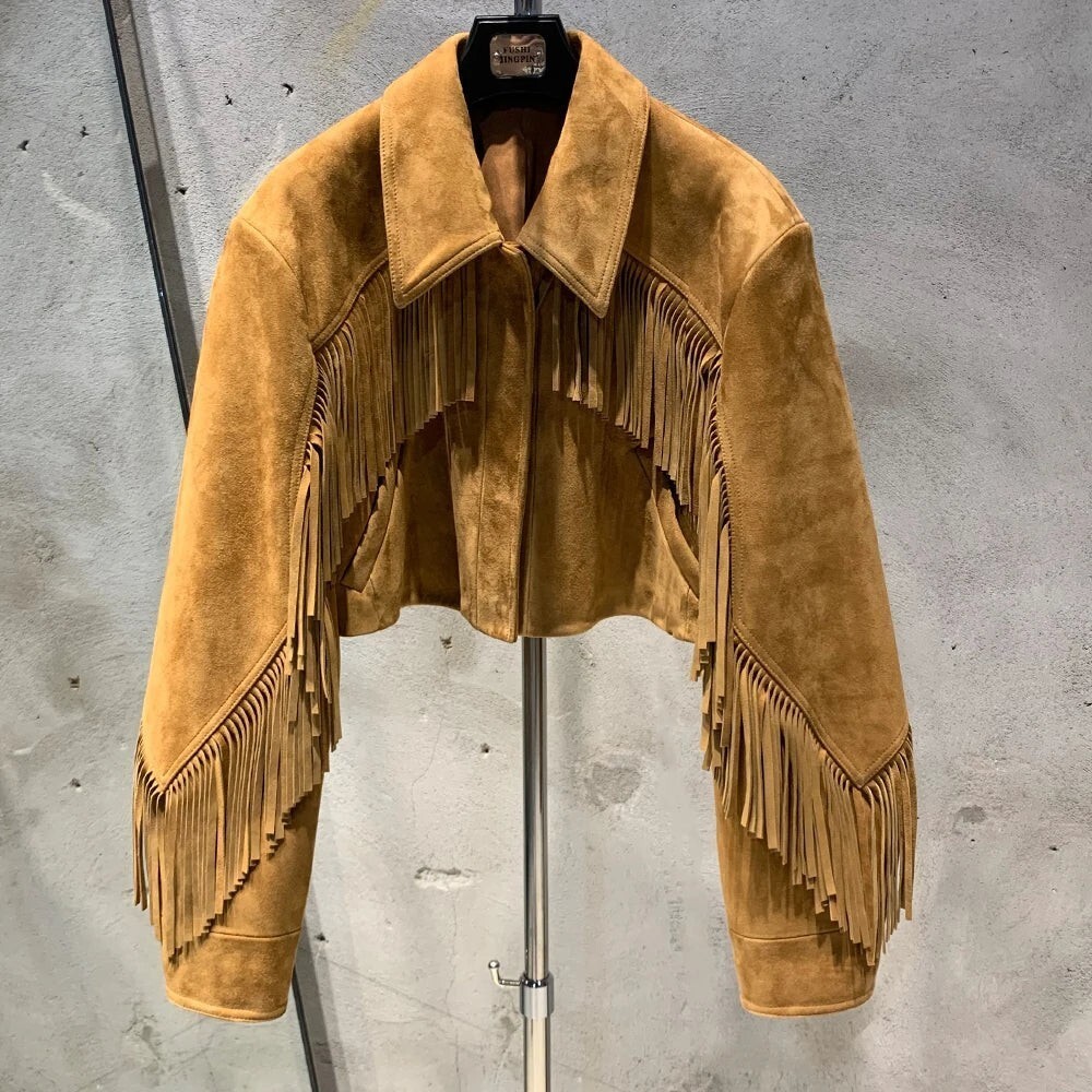 Women\'s Fringe Suede Leather Jacket Cropped Western Biker Retro Cowboy Style