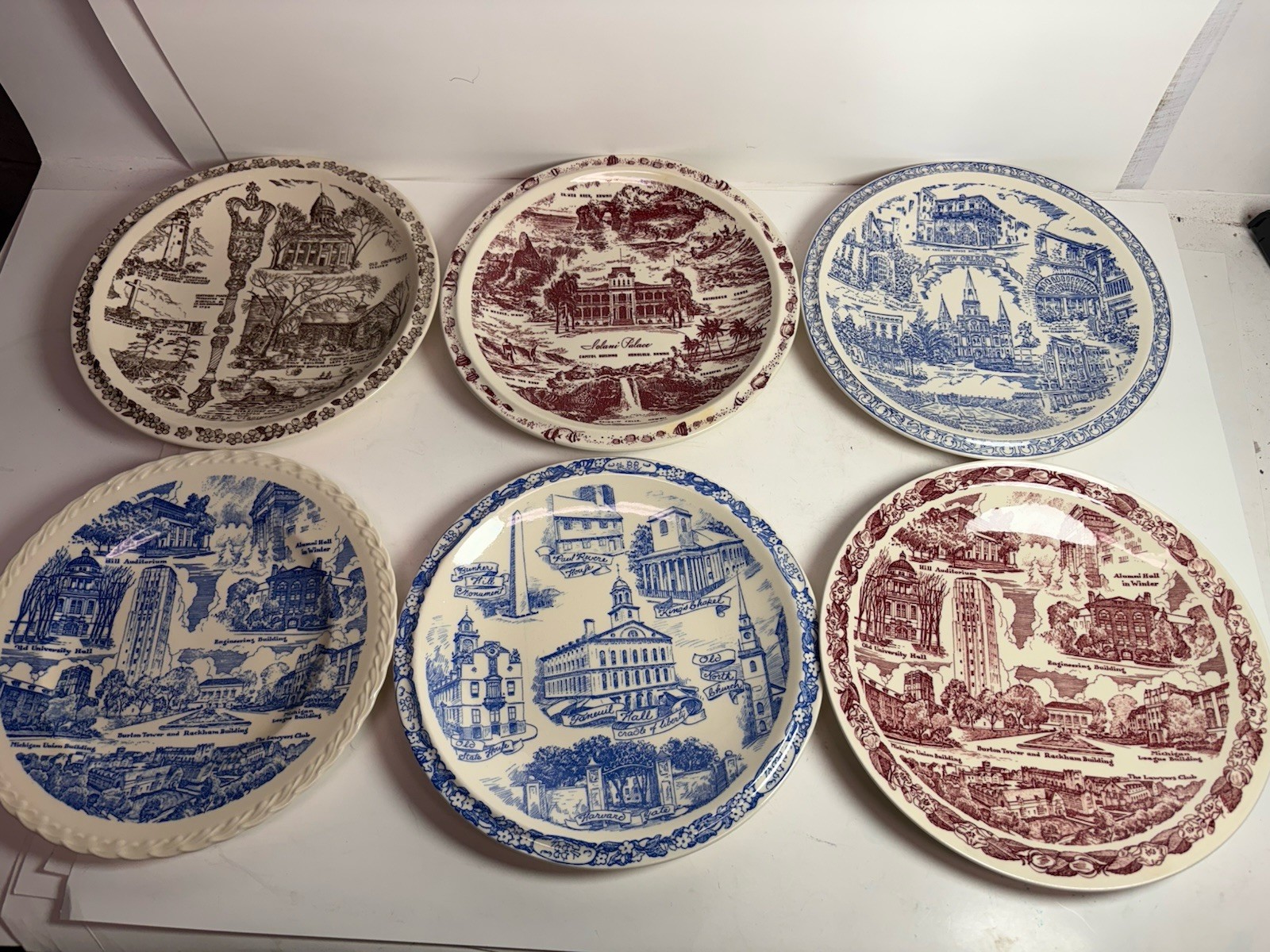Lot 6 Vtg Vernon Kilns 10.5” Plates Virginia New Orleans Michigan Boston Hawaii