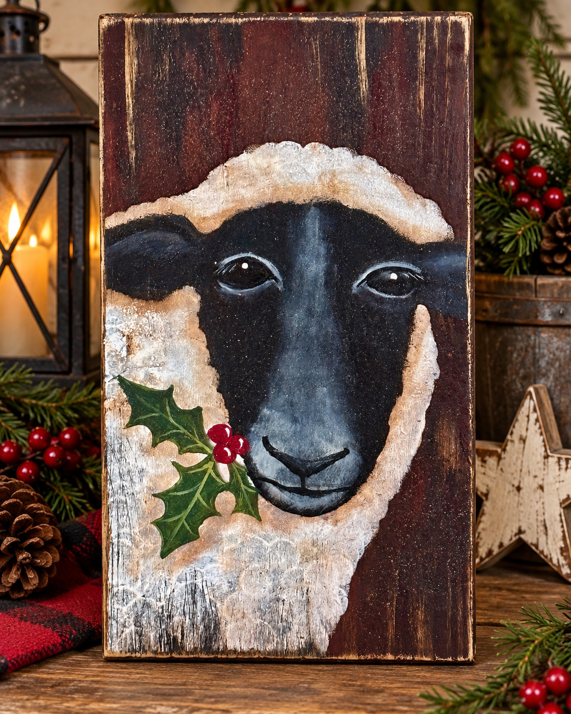 Primitive Sheep Christmas Holly Hand Painted Reclaimed Wood Wall Decor