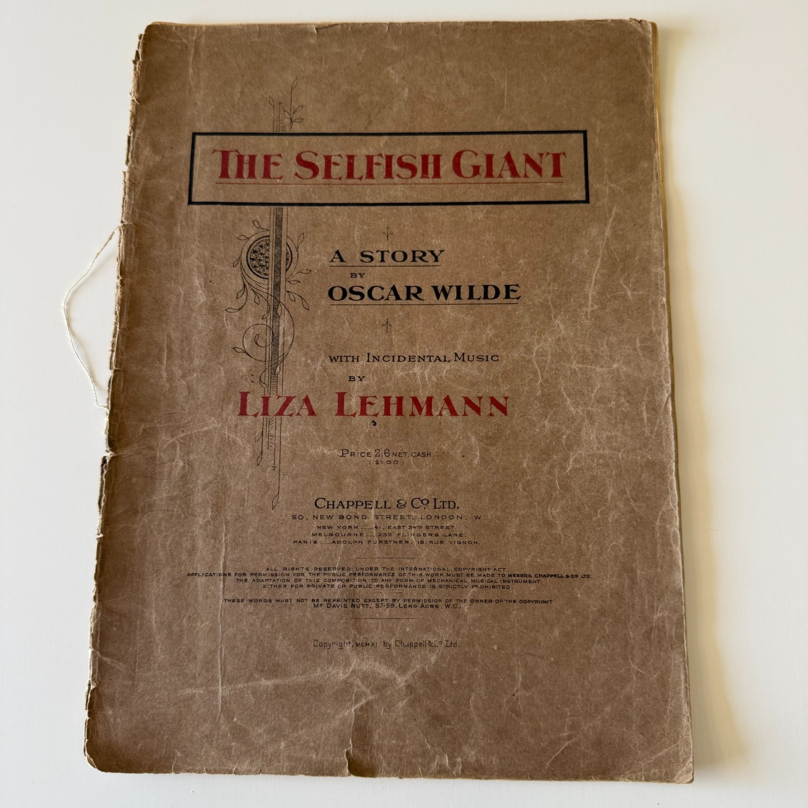 Vintage 1910 The Selfish Giant Oscar Wilde Liza Lehmann Sheet Music Stamped