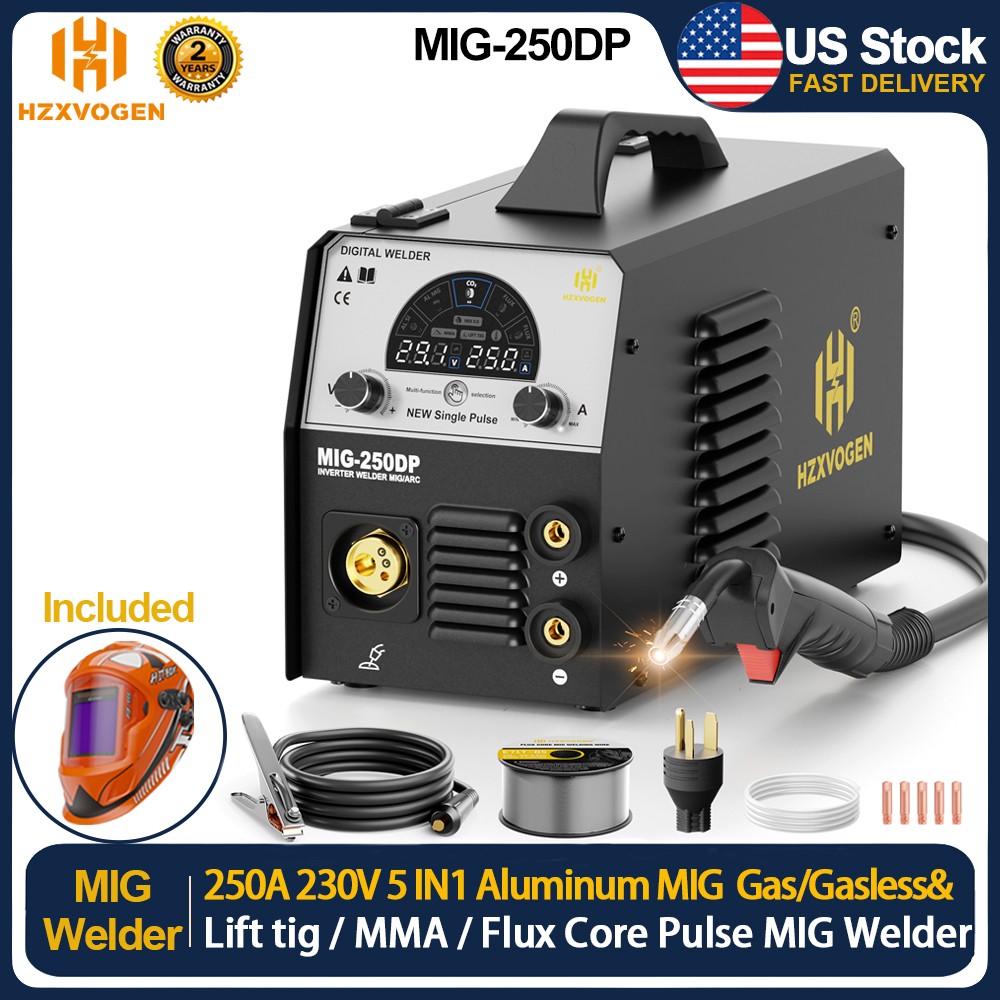 250A 5IN1 Gas/Gasless MIG Welder Aluminium Pulse MIG/TIG/STICK 110/230V &HELMET