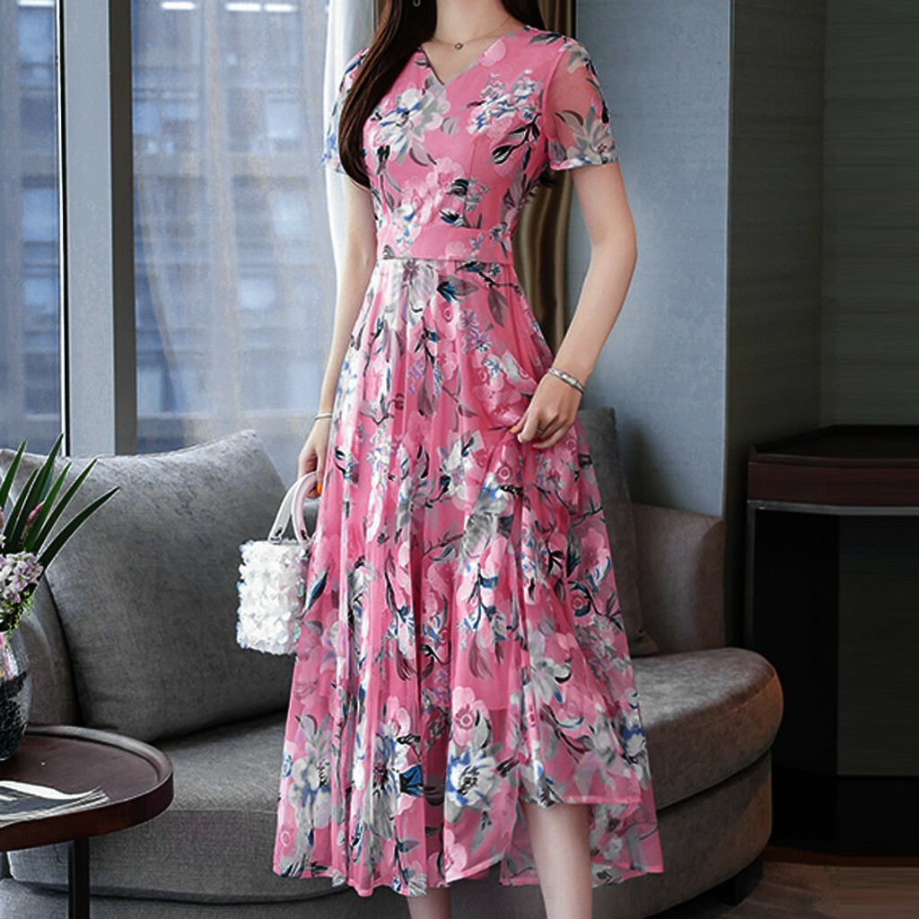 Elegant Women Summer V-Neck Short Sleeve Boo Print Evening Party Long Dress CHEE