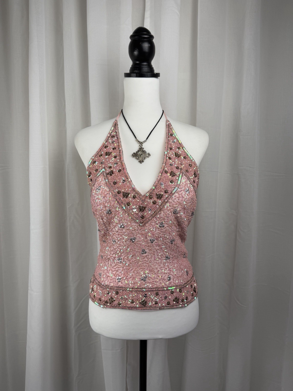 RARE Aftershock Vintage Y2K 100% Silk Pink Beaded Sequin Butterfly Halter Neck