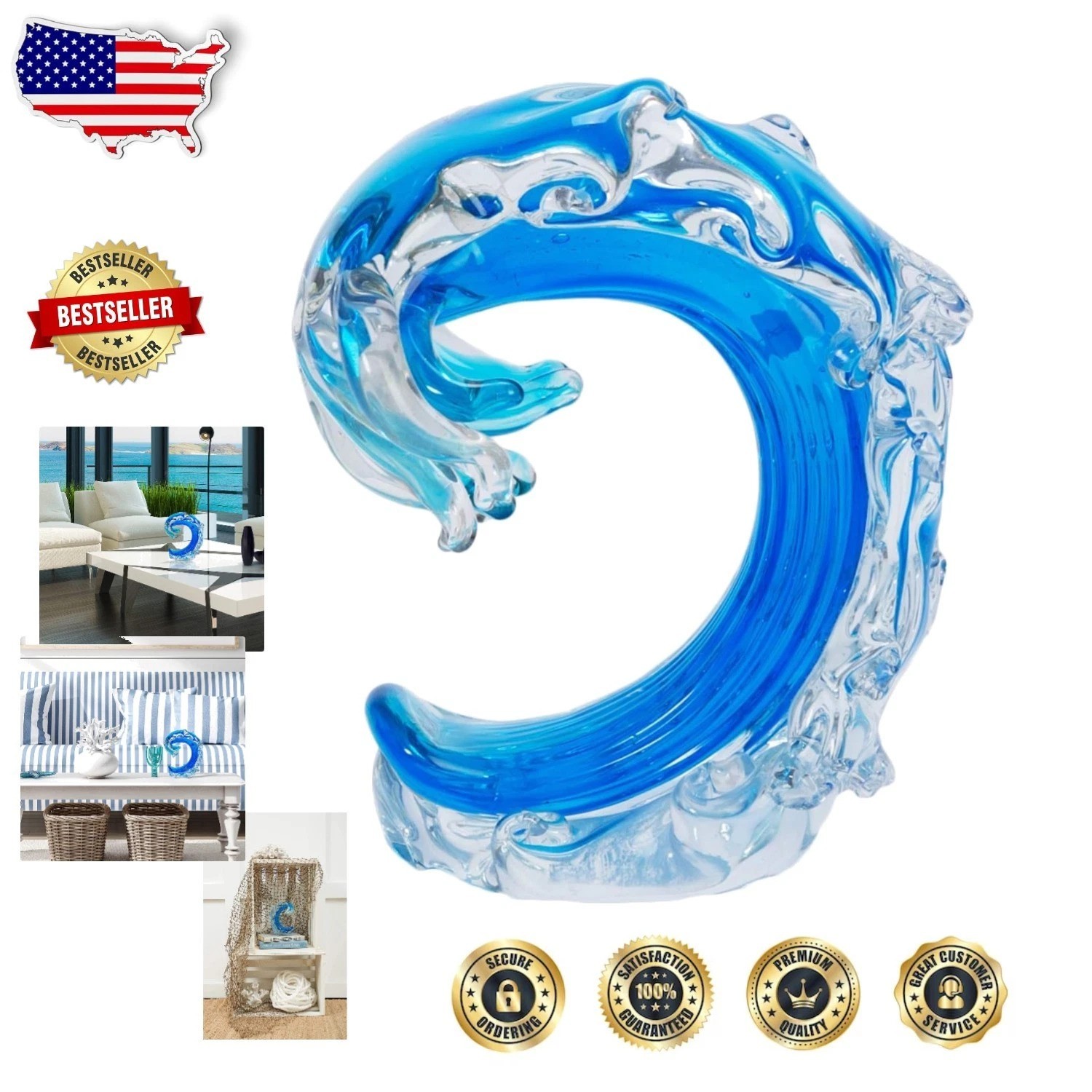 Stunning Blue Glass Rolling Waves 3D Art Figurine - 6.75