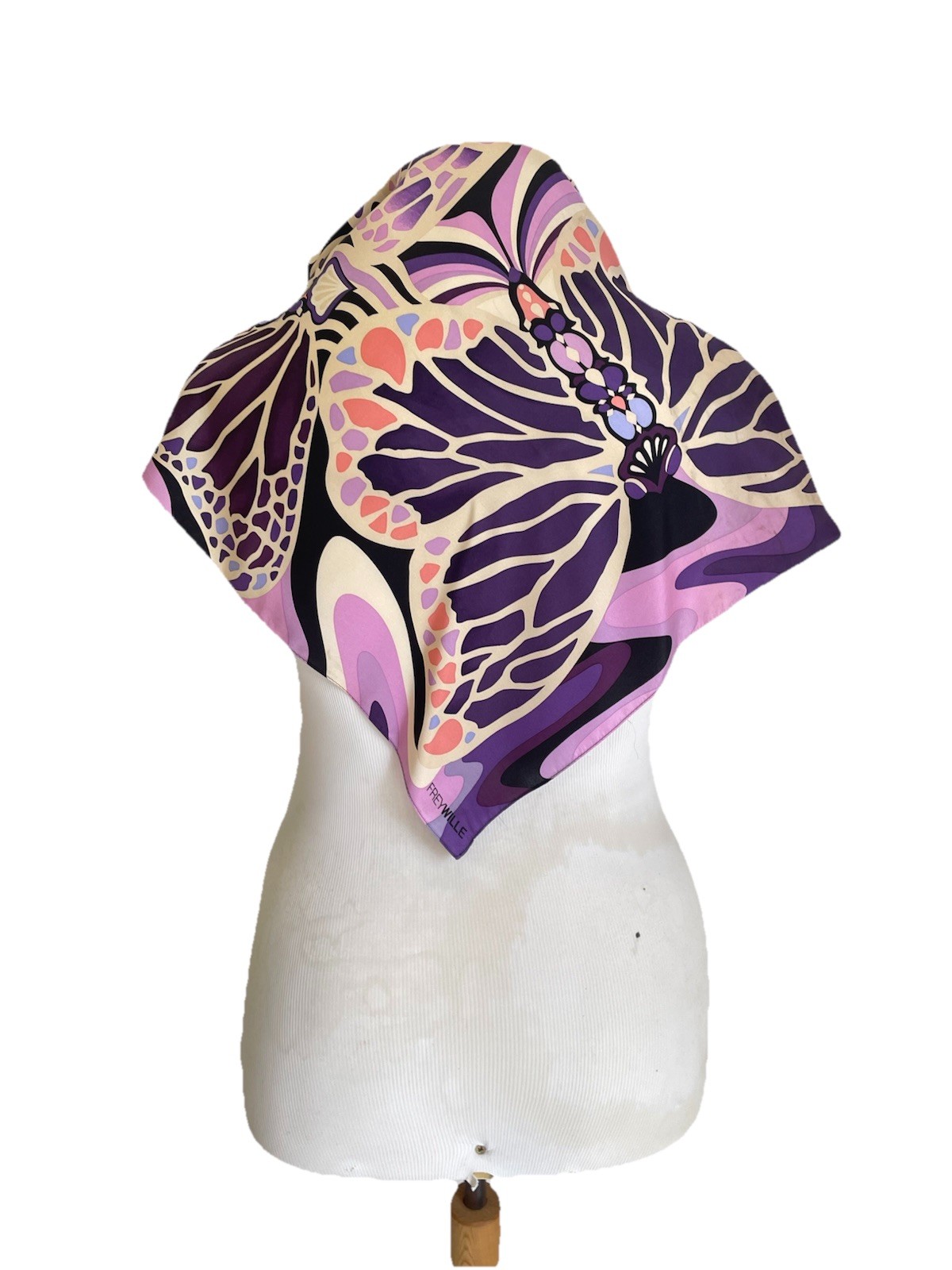 FREYWILLE 100% Silk Scarf Purple Abstract Butterfly Large Square Foulard #A102