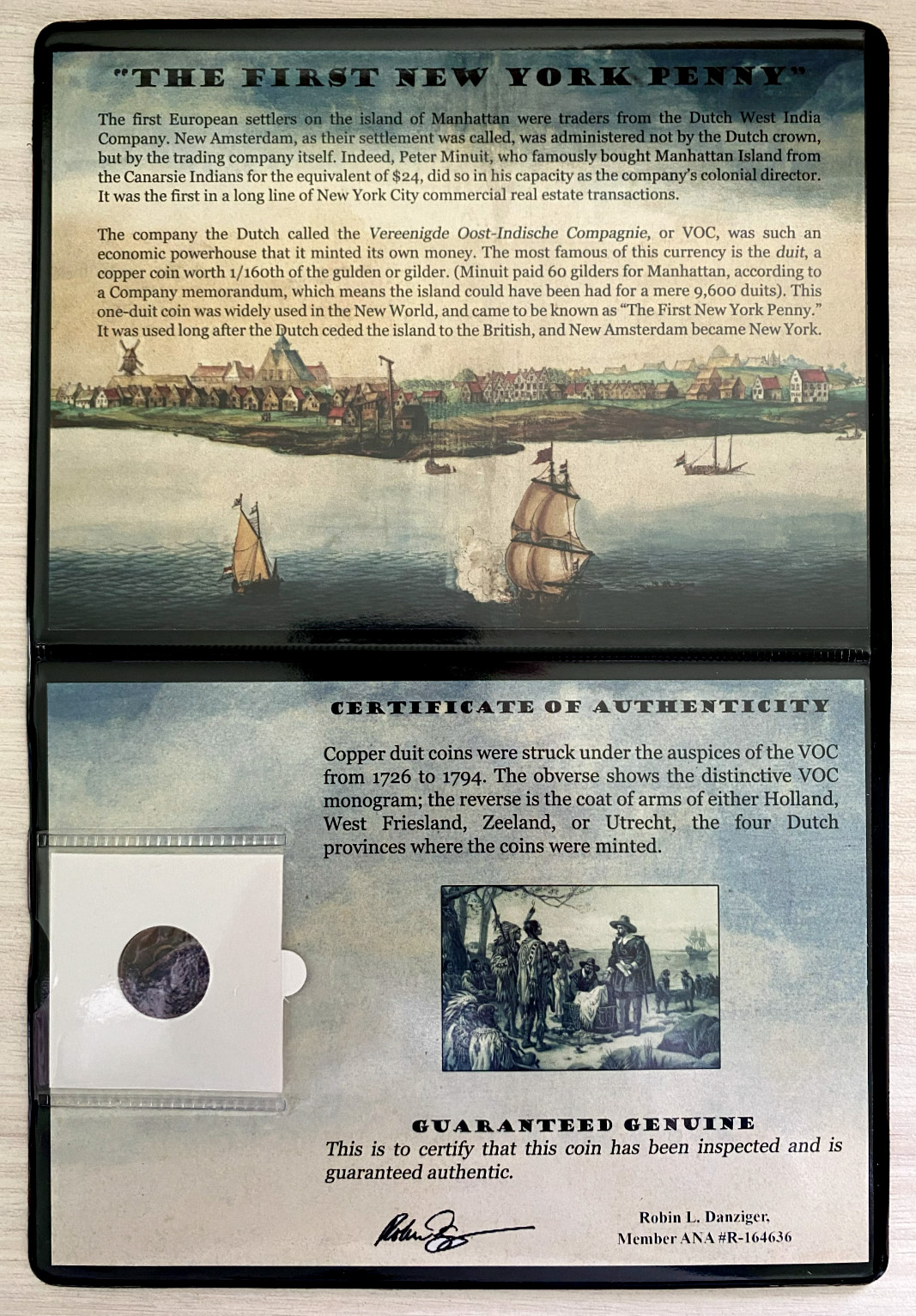First New York Penny VOC Copper Coin 1700\'s - COA & History & Holder & Album Inc