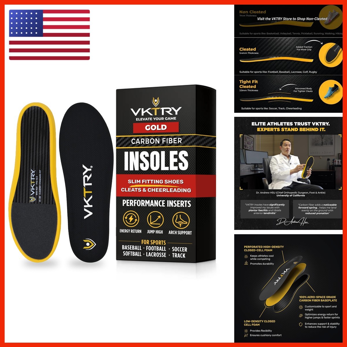 VKTRY Gold Carbon Fiber Insoles For Cleats, Sport Insoles, Athletic Inserts VKTRY Gold Carbon Fiber Insoles For Cleats, Sport Insoles, Athletic Inserts