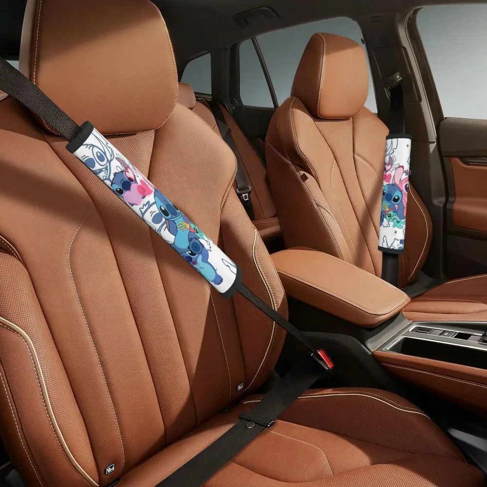 Cute Stitch And Angel Cartoon 2pcs Seat Belt Covers, Perfect Gift Ideas.