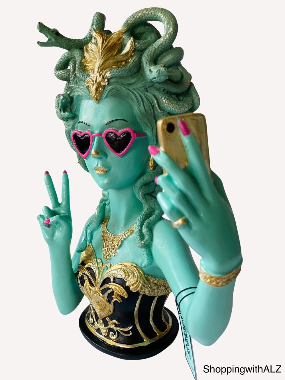NEW Ghoulish Medusa Taking Selfie Peace Sign Pink Sunglasses Head Bust Halloween