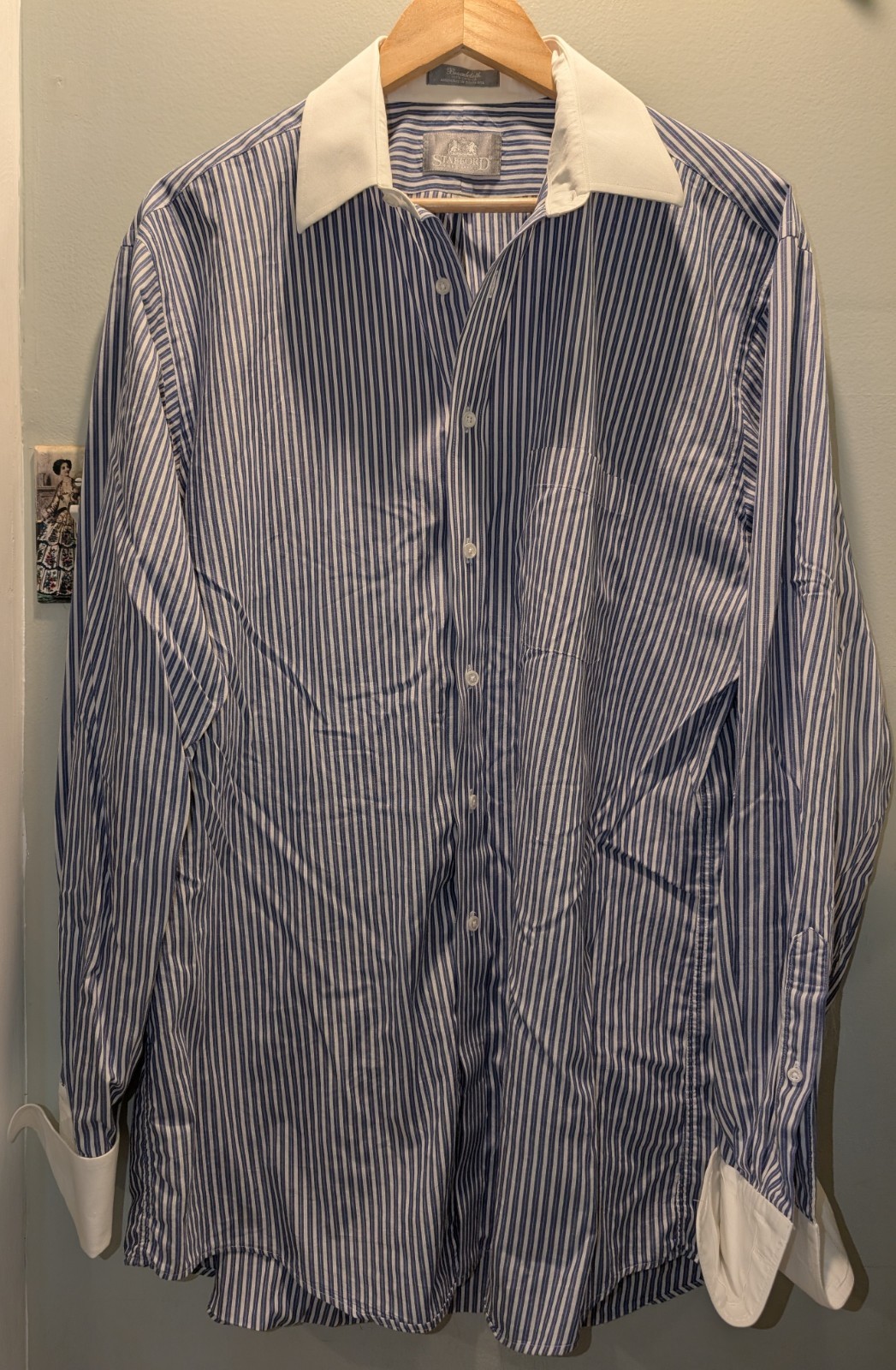 Stafford Executive Broadcloth Dress Shirt Men 16.5 35 White Blue Stripe French Stafford Executive Broadcloth Dress Shirt Men 16.5 35 White Blue Stripe French