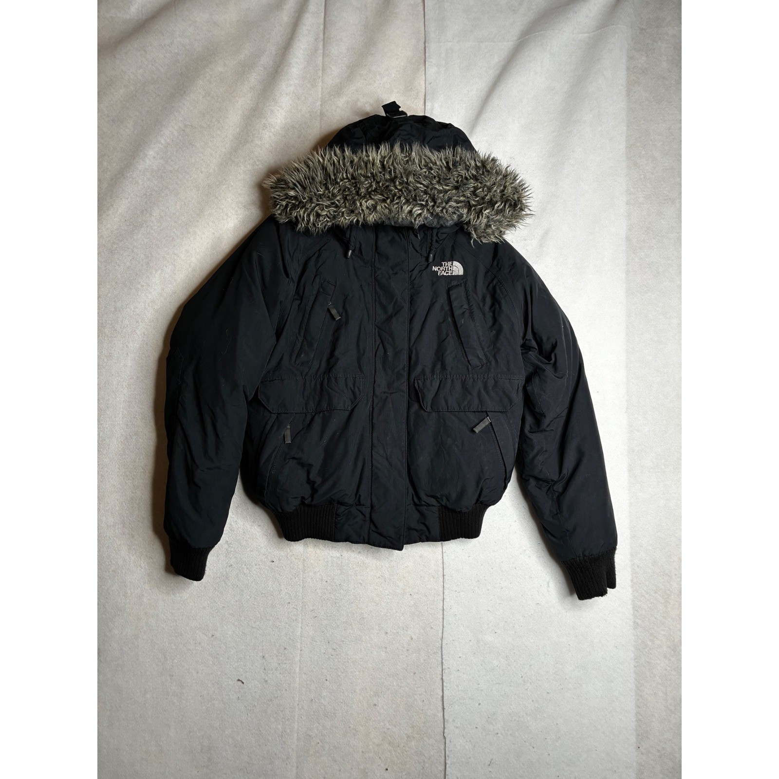 VTG The North Face HyVent Down Bomber Jacket Black Faux Fur Hood Y2K Womens M