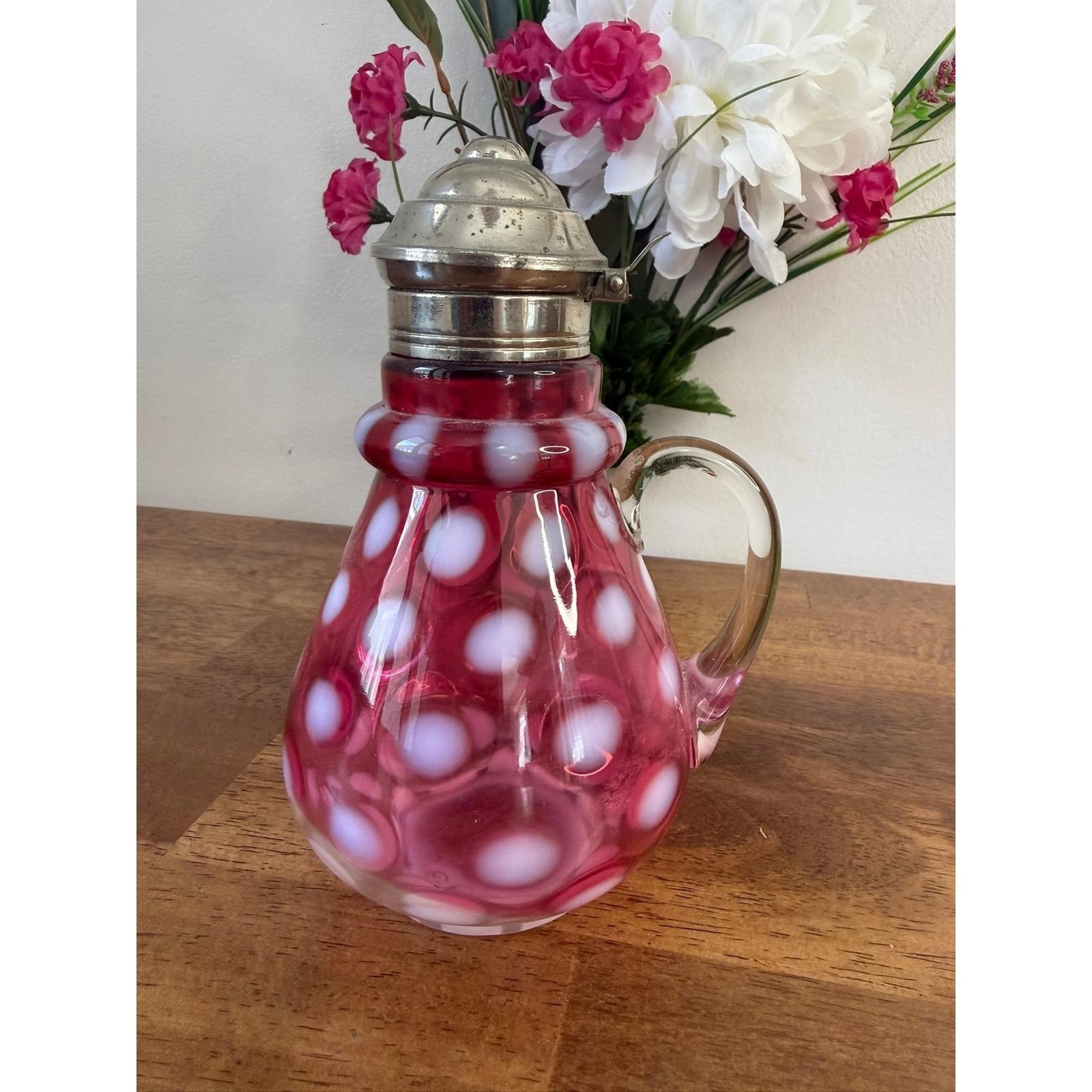 Antique Cranberry Opalescent Glass Coin Dot Syrup Pitcher Hinged Lid Victorian