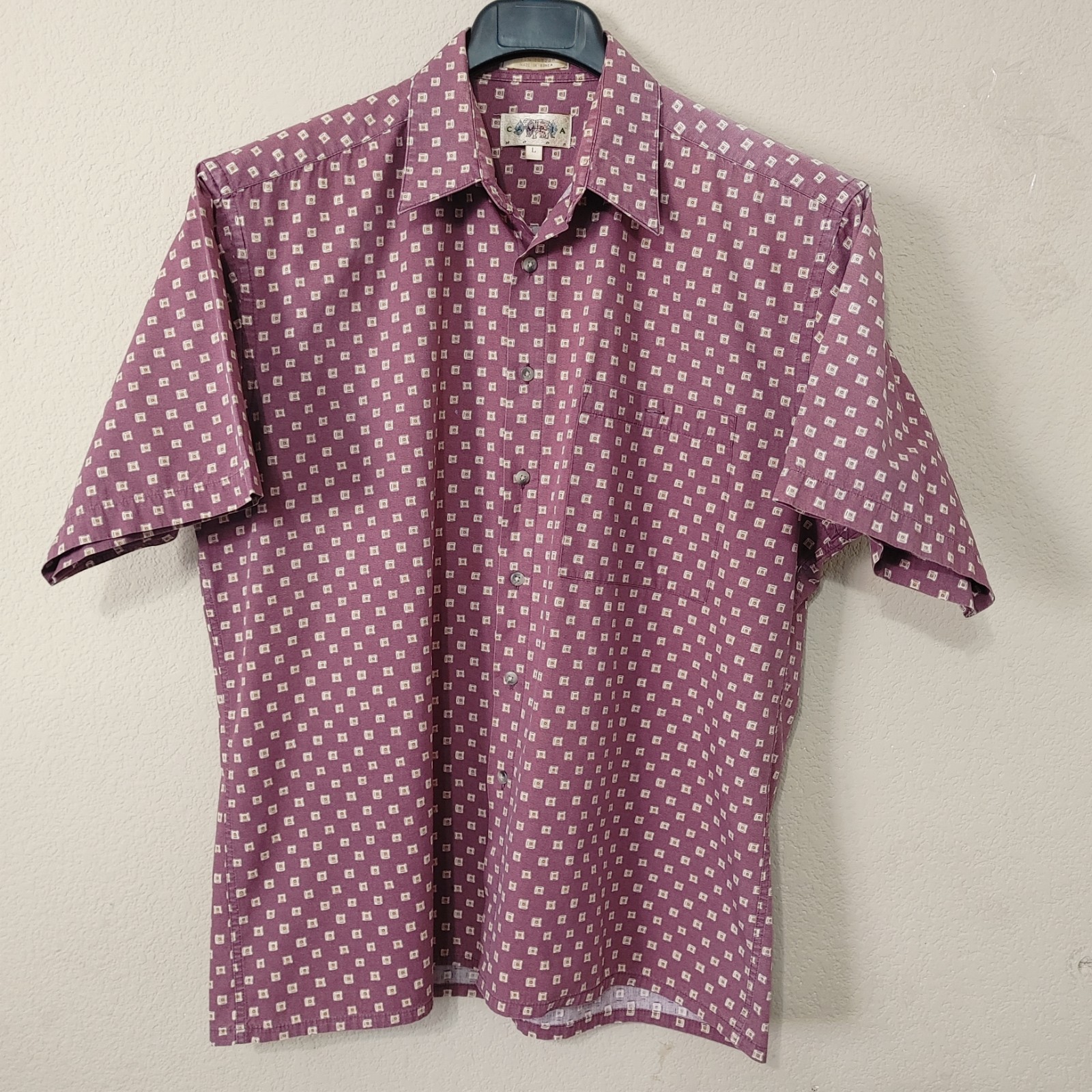 Campia Men\'s L Wine Burgundy Geometric Print 100% Cotton Shirt Made Korea