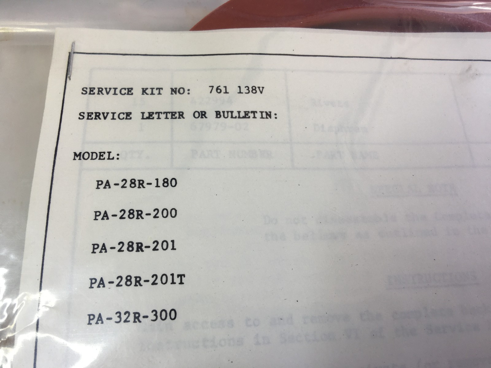 Piper PA-28R1 Backup Gear Extender Replacement Kit 761-138 Piper PA-28R1 Backup Gear Extender Replacement Kit 761-138