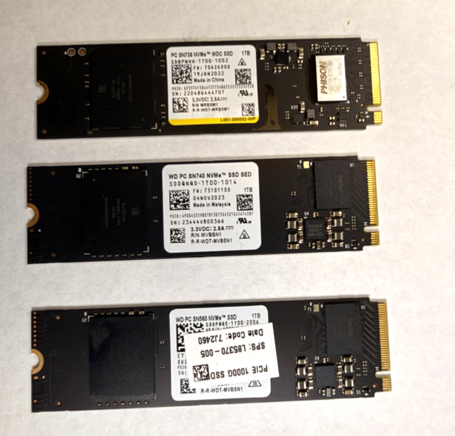 Lot of (3) 1TB NVME SSD M.2 Western Digital Used Lot of (3) 1TB NVME SSD M.2 Western Digital Used