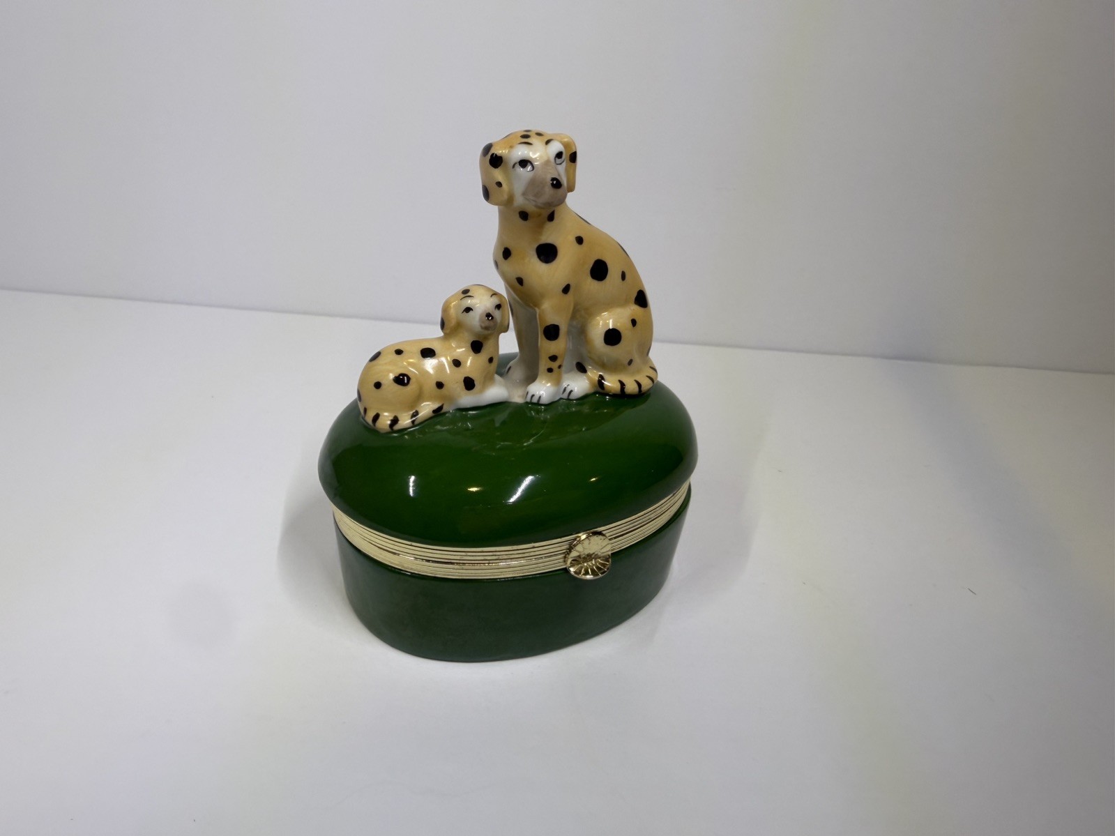 Vintage 1985 Andrea by Sadek Spotted Dalmatian Dogs Trinket Box Hinged Porcelain