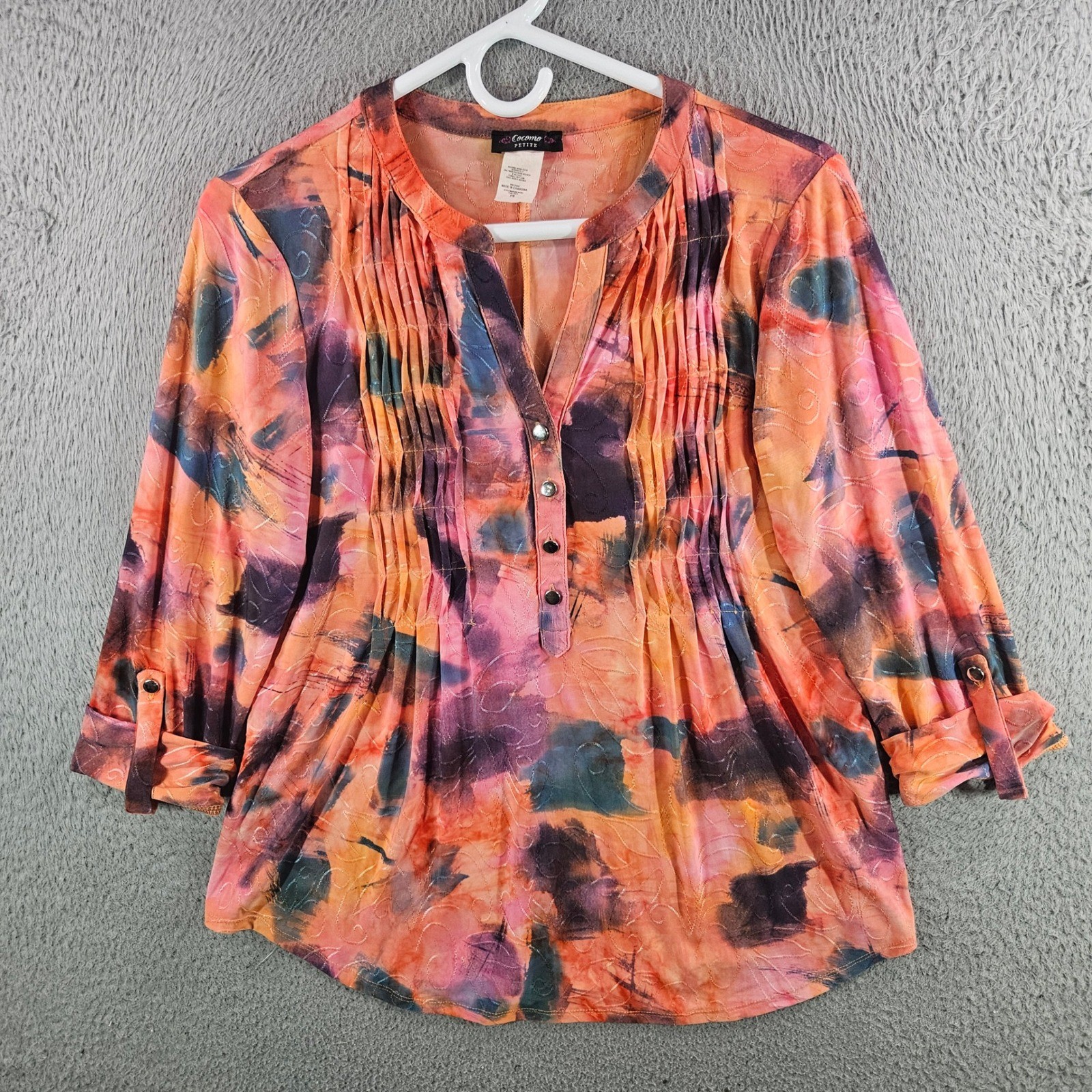 Cocomo Petite Womens Abstract Pintuck Blouse 3/4 Sleeve Multi-Color Size PS Cocomo Petite Womens Abstract Pintuck Blouse 3/4 Sleeve Multi-Color Size PS