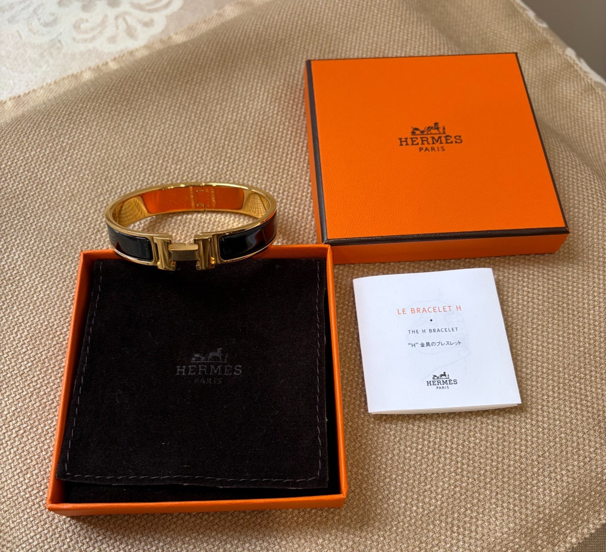 Authentic Hermes Clic H Bracelet Gold Plated Black Enamel Narrow Bangle Authentic Hermes Clic H Bracelet Gold Plated Black Enamel Narrow Bangle