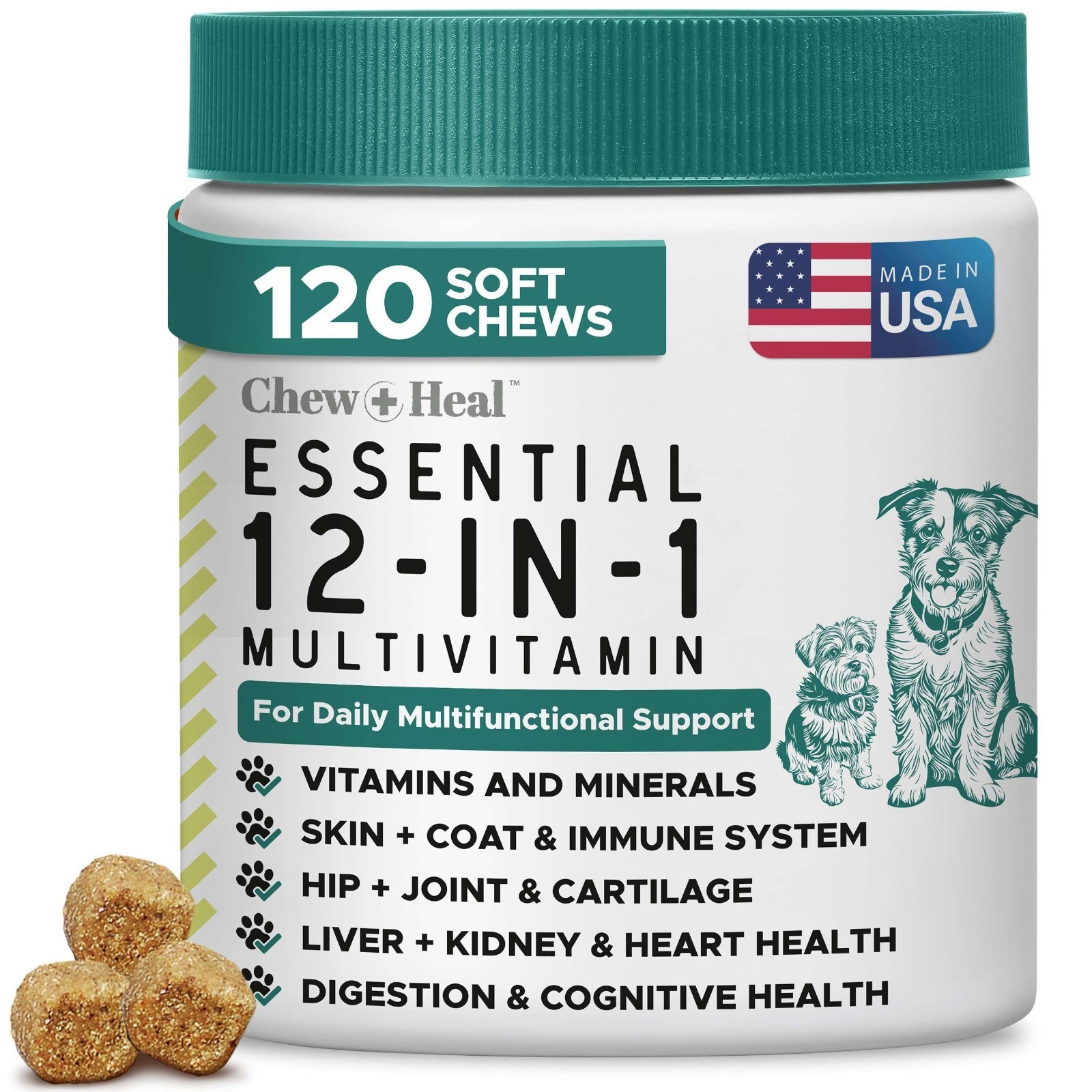 12-in-1 Dog Vitamin Chews, 120 Count - All-in-One Supplement for Seniors & Puppi