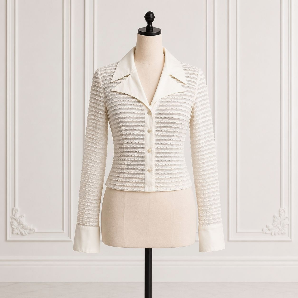 Cache Y2K White Textured Sheer Blazer Pointed Collar French Cuff Medium Cache Y2K White Textured Sheer Blazer Pointed Collar French Cuff Medium