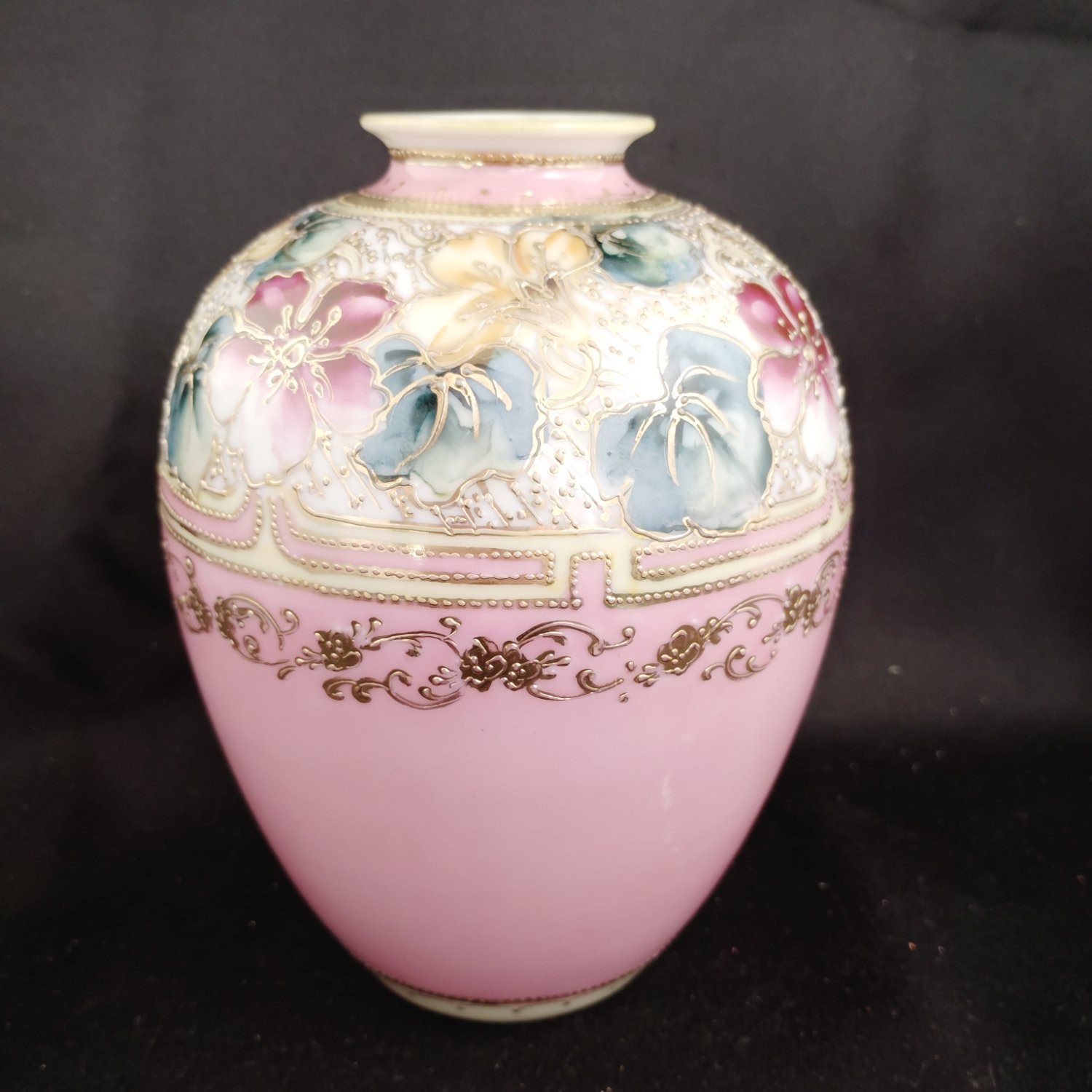Antique Nippon Hand Painted Moriage Floral Vase Pink Maple Leaf Mark Gilded