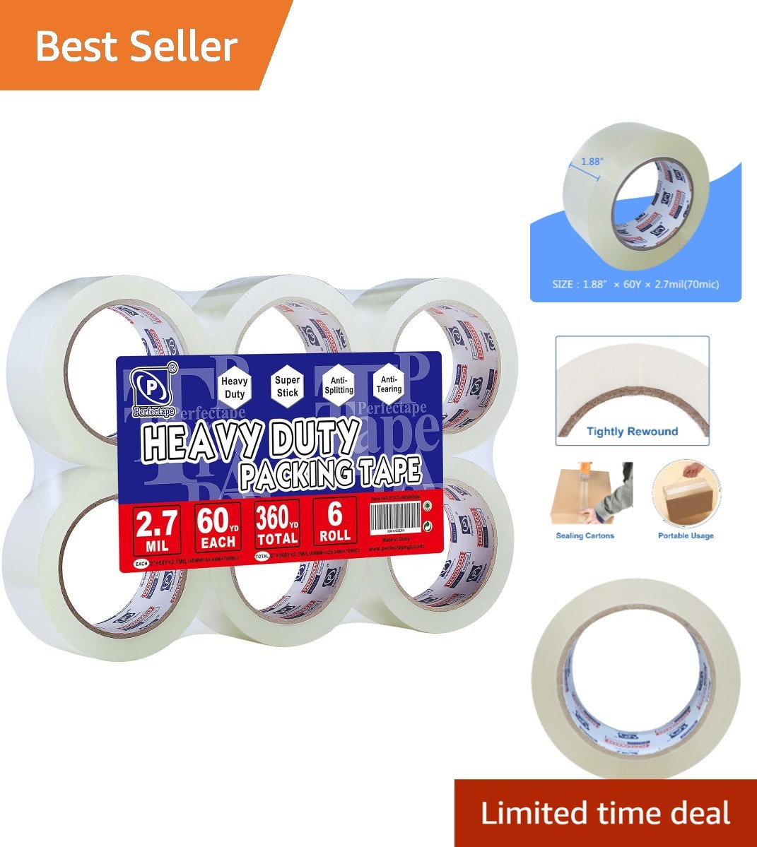 Self-Adhering Clear Packing Tape 6-Pack, 2.7 Mil, Ideal for Moving & Shipping
