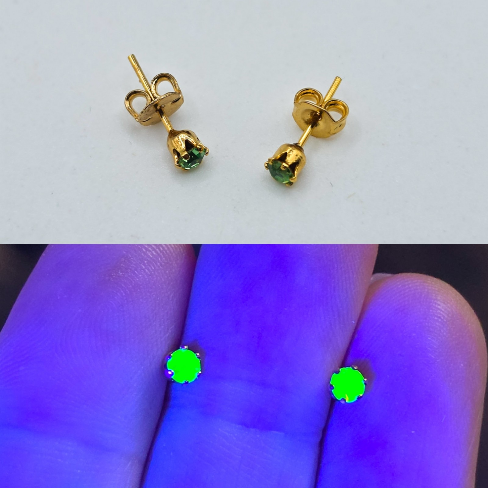 Vintage Uranium Glass Earrings Green Stud Gold Plated Brass 1960s